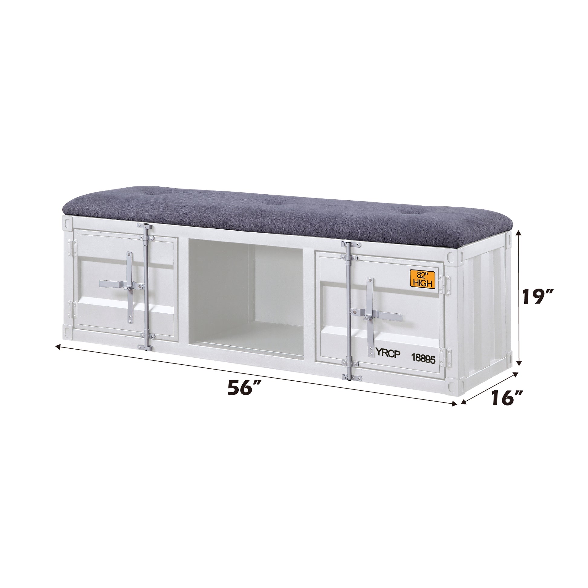 White storage bench with tufted gray upholstered top inspired by shipping containers