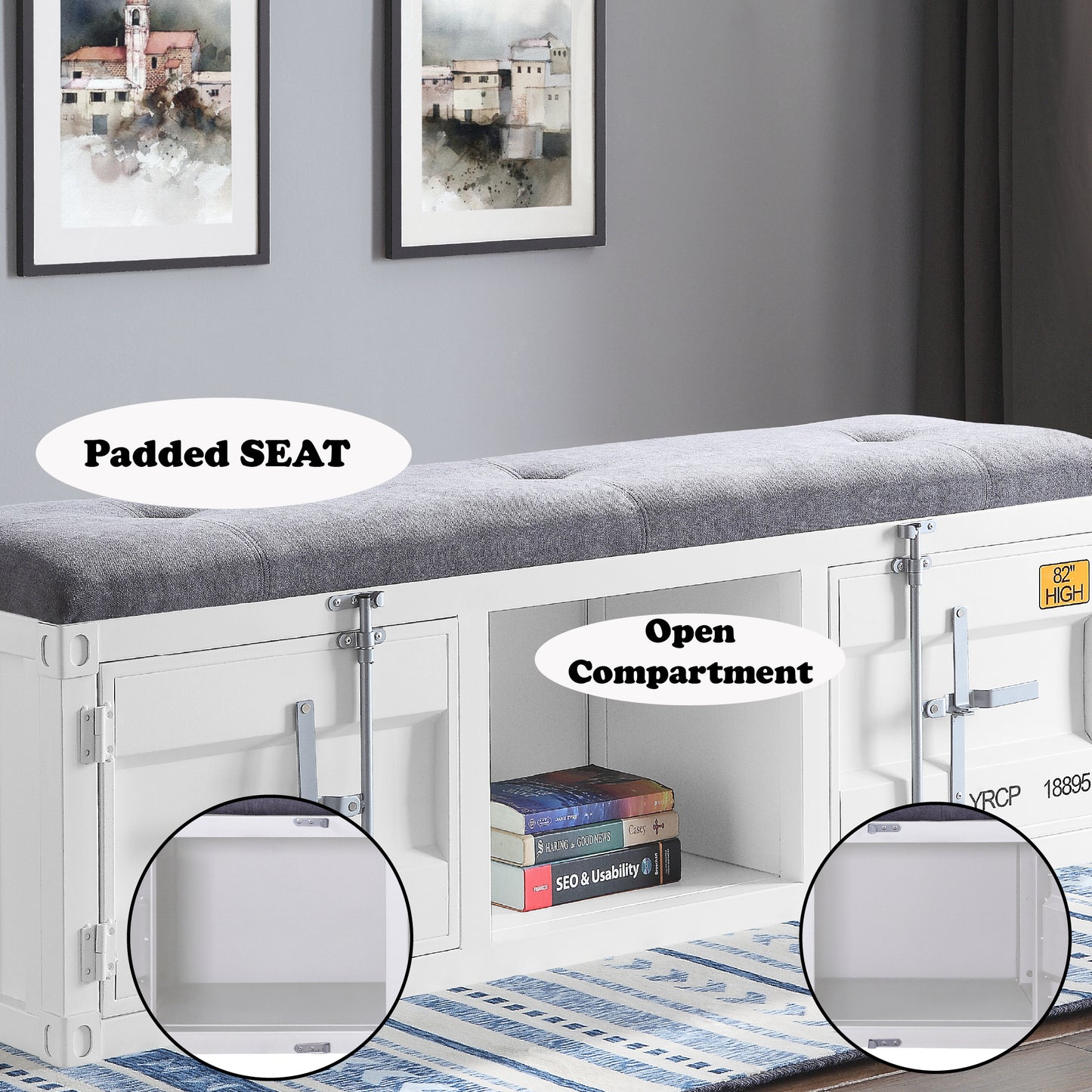 White storage bench with tufted gray padded seat and open compartment holding books
