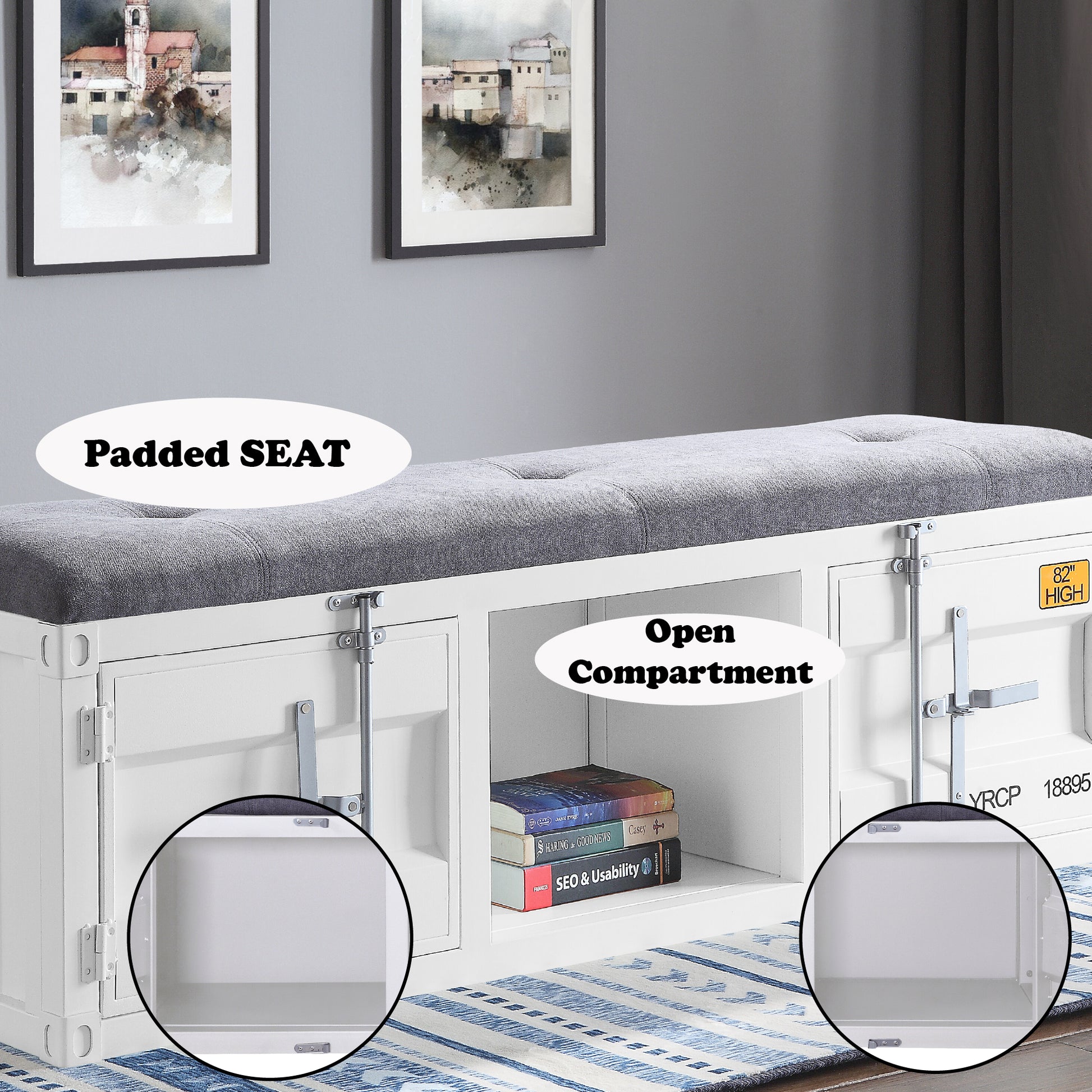 White storage bench with tufted gray padded seat and open compartment holding books
