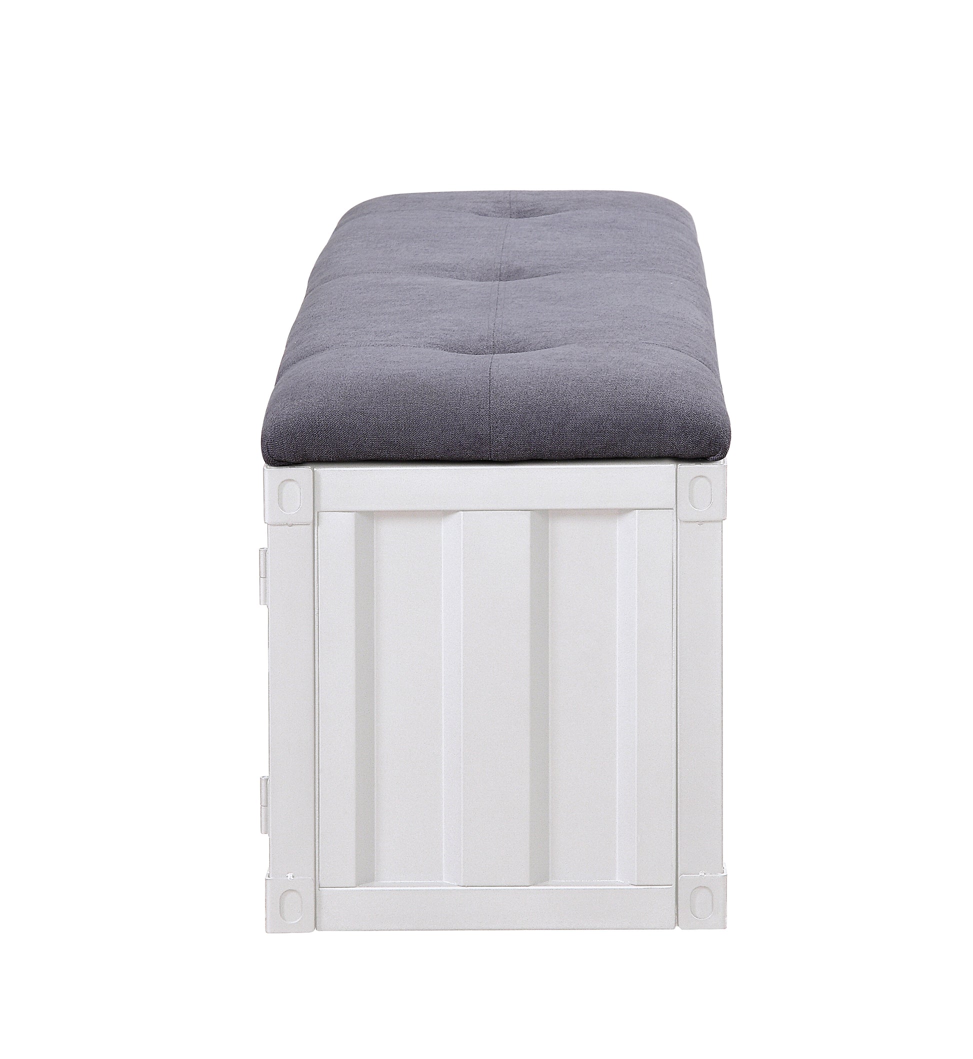 Tufted gray fabric storage ottoman with white paneled sides