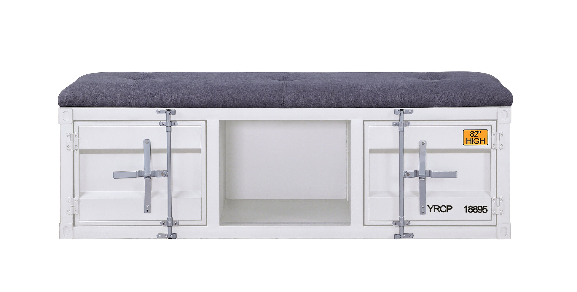 White industrial storage bench with tufted grey upholstered seat and silver hardware