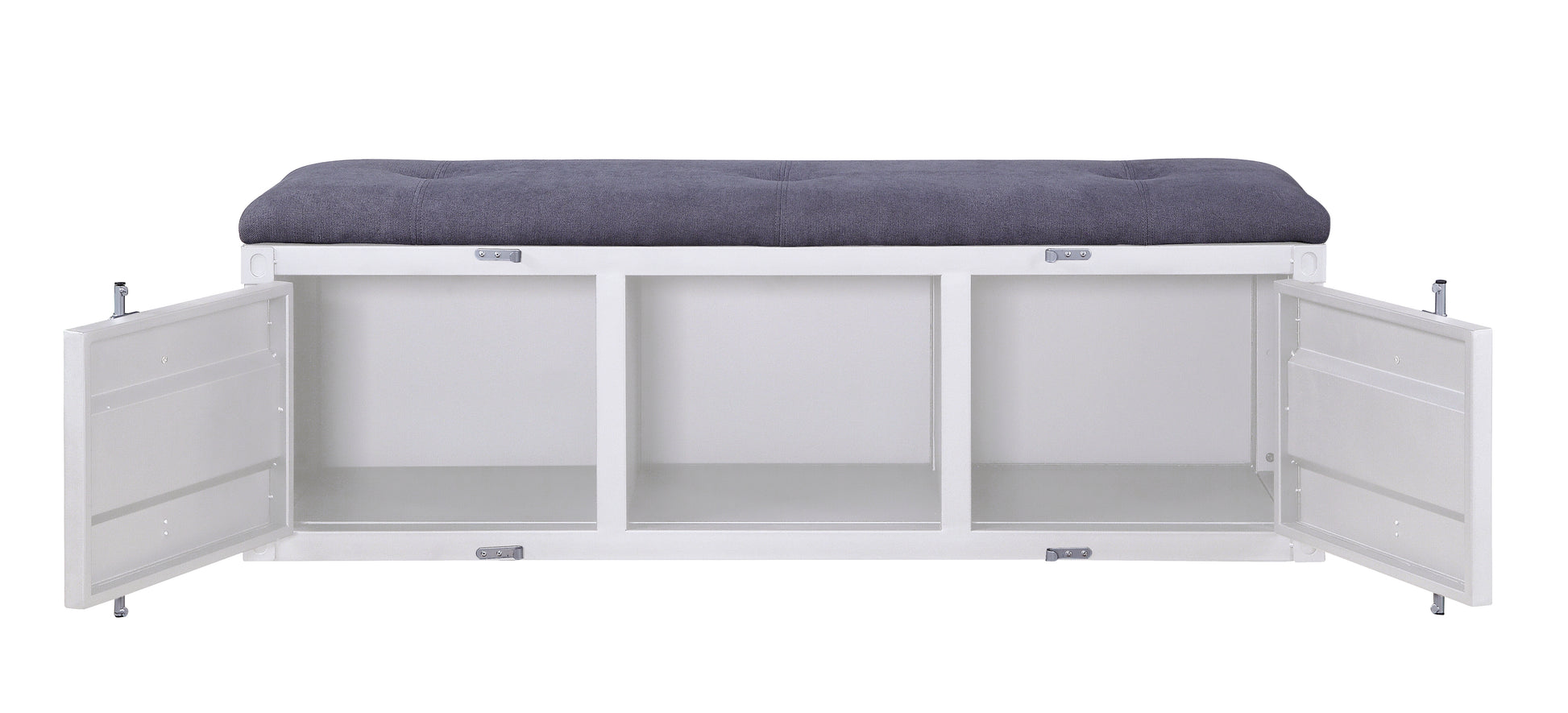 White storage bench with dark gray tufted cushion and three open compartments