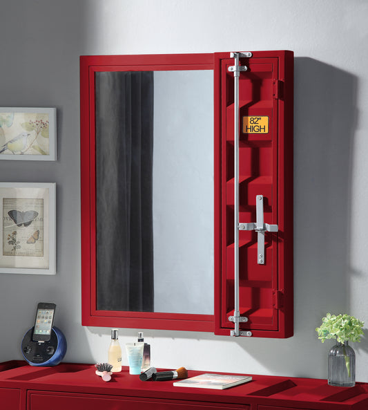 Red industrialstyle medicine cabinet with mirrored door and silver hardware