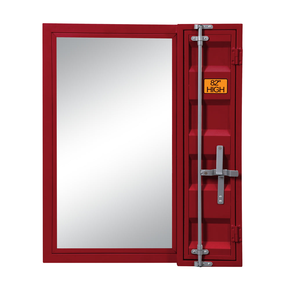 Red shipping container mirror with industrialstyle latch and accent decal