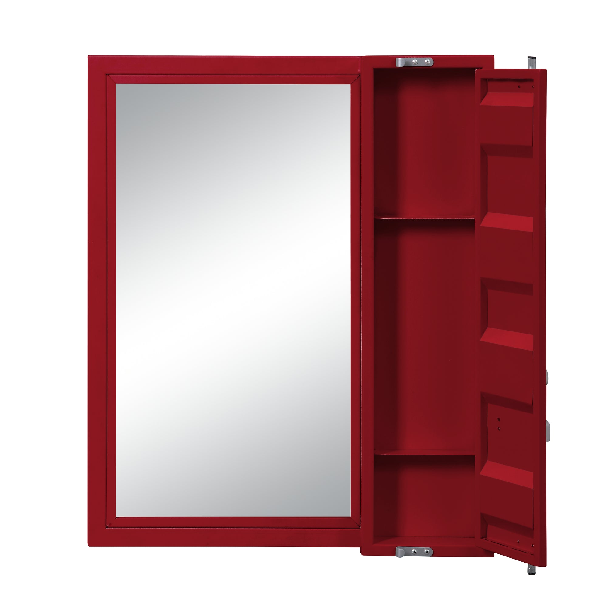 Red metal medicine cabinet with mirrored door open to reveal shelves