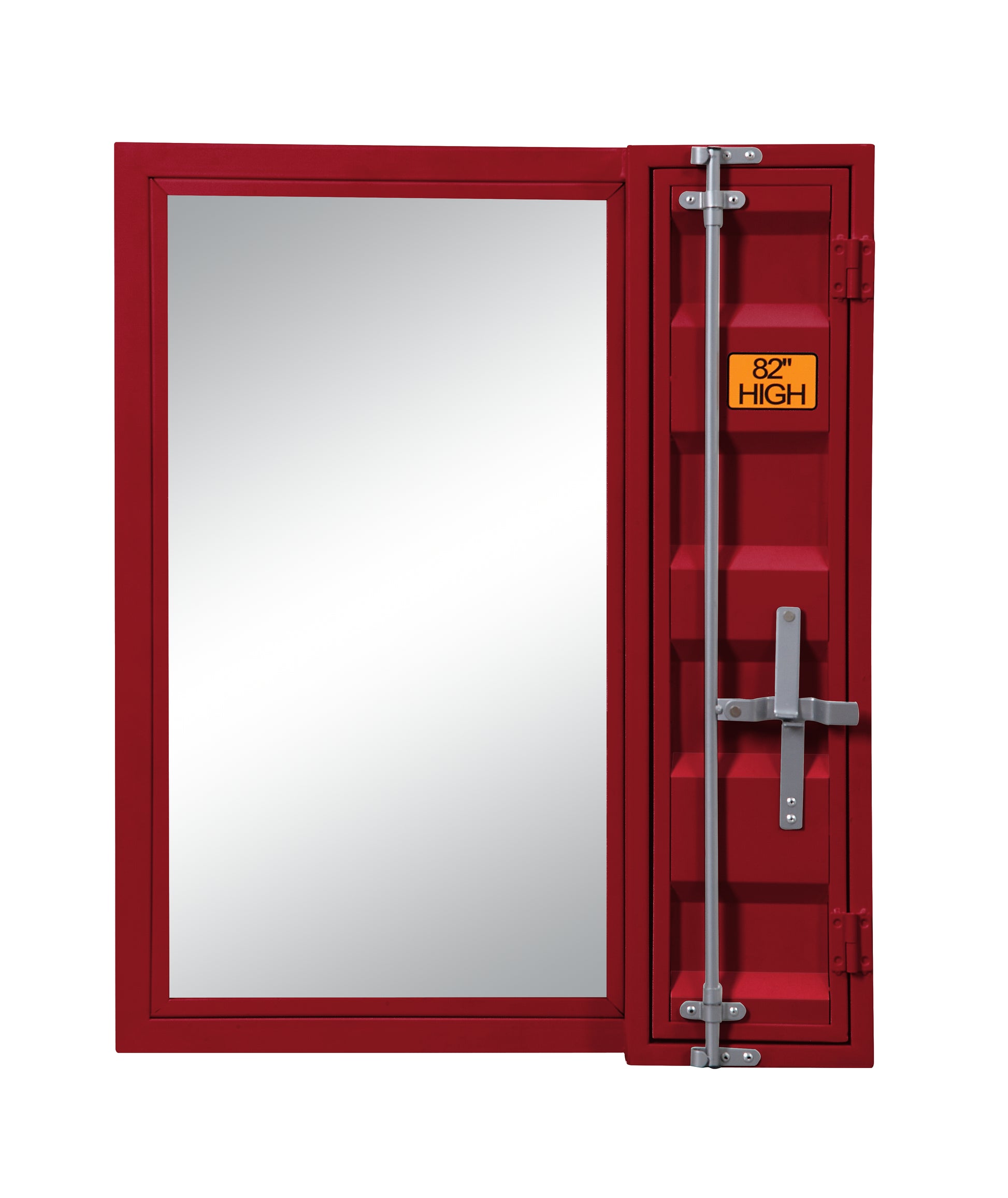 Red industrialstyle mirror with shipping container door details