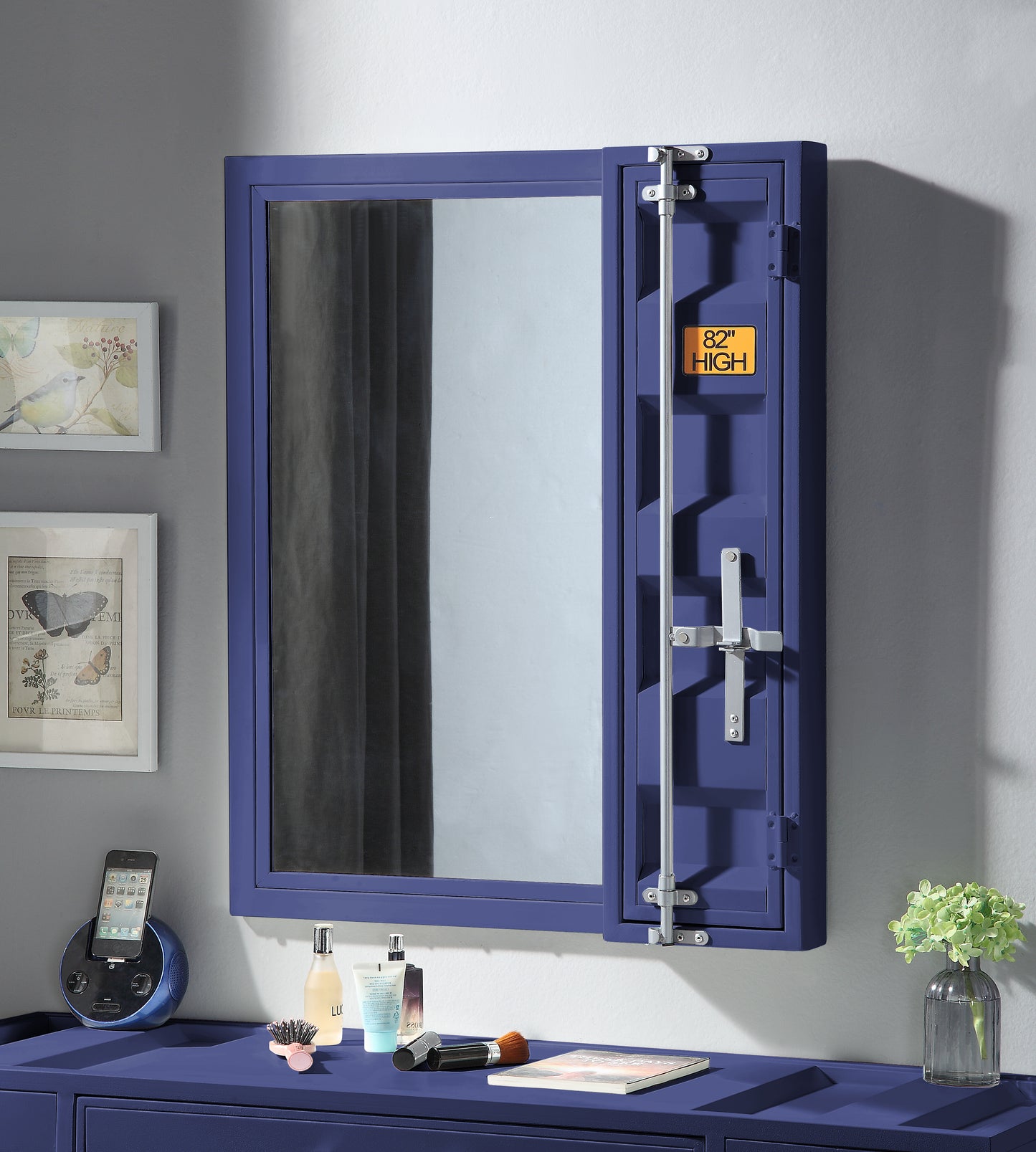 Blue industrialstyle storage mirror with silver latch and handle