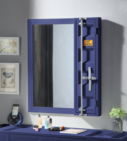 Blue industrialstyle storage mirror with silver latch and handle