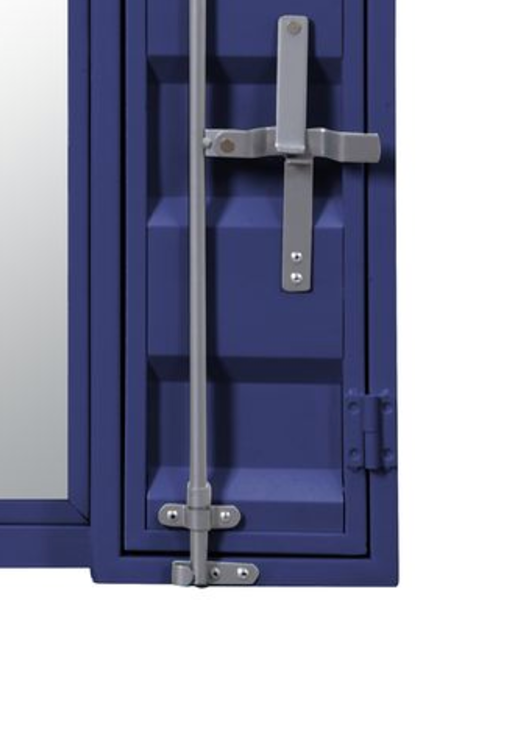 Detailed view of blue shipping container mirror with silver latch mechanism
