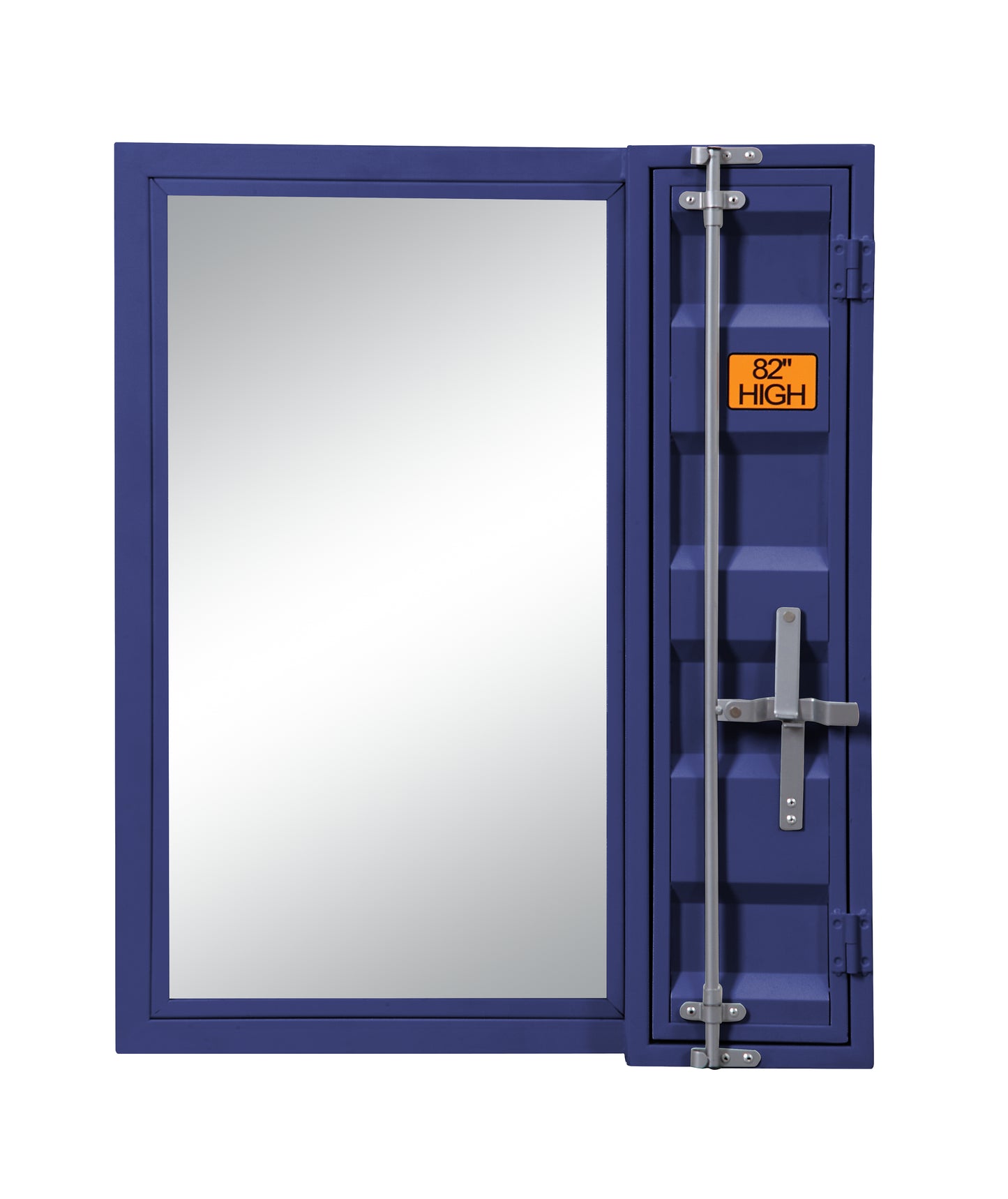 Blue industrial shipping container mirror with latch and  HIGH label
