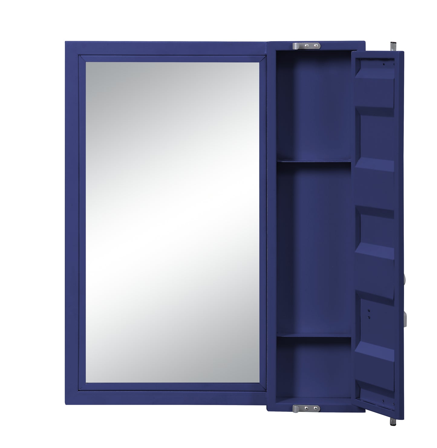 Navy blue metal medicine cabinet with mirrored door and open shelves