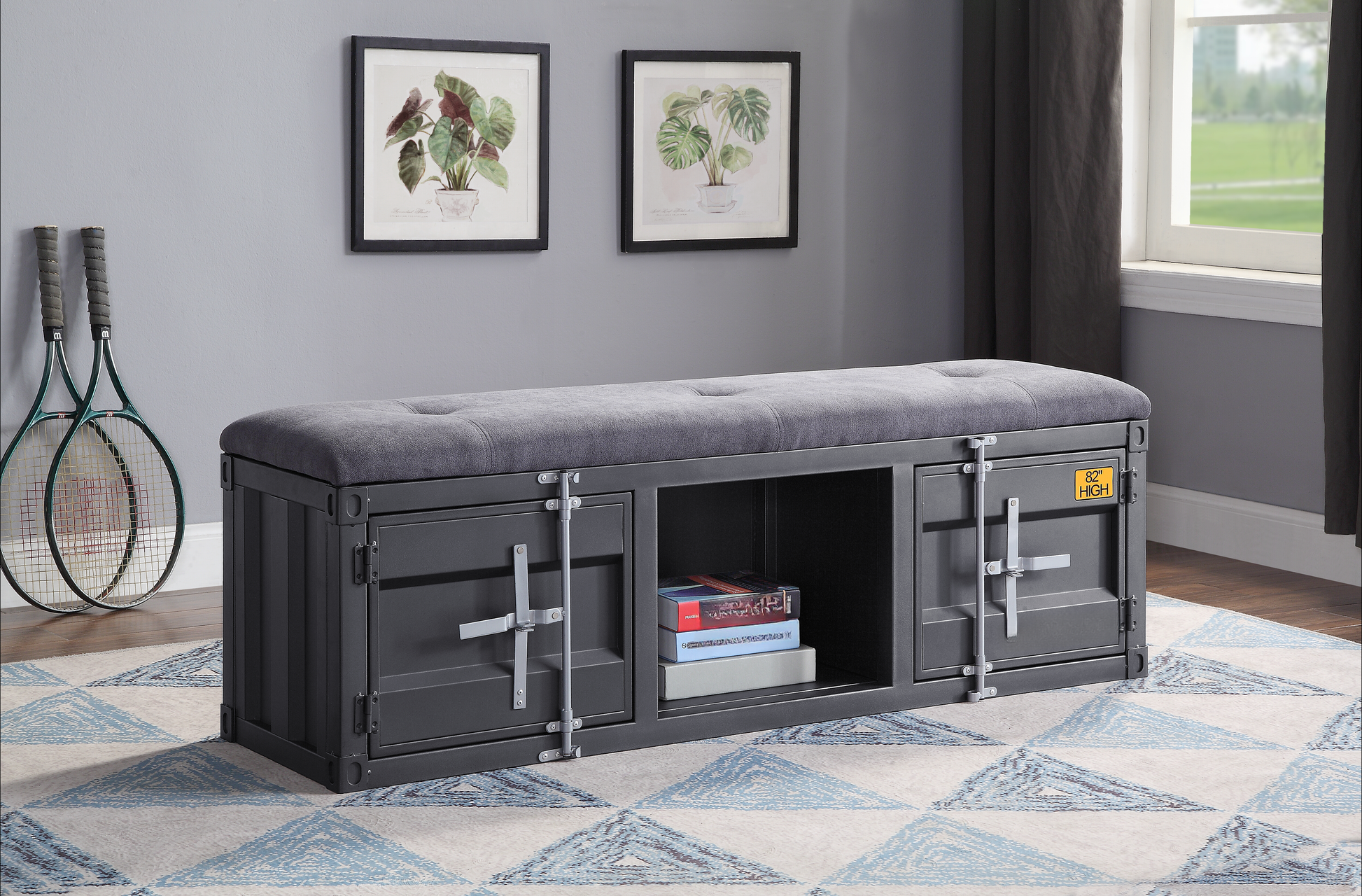 Industrial grey storage bench with tufted upholstered top and side latches