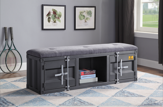 Industrial grey storage bench with tufted upholstered top and side latches