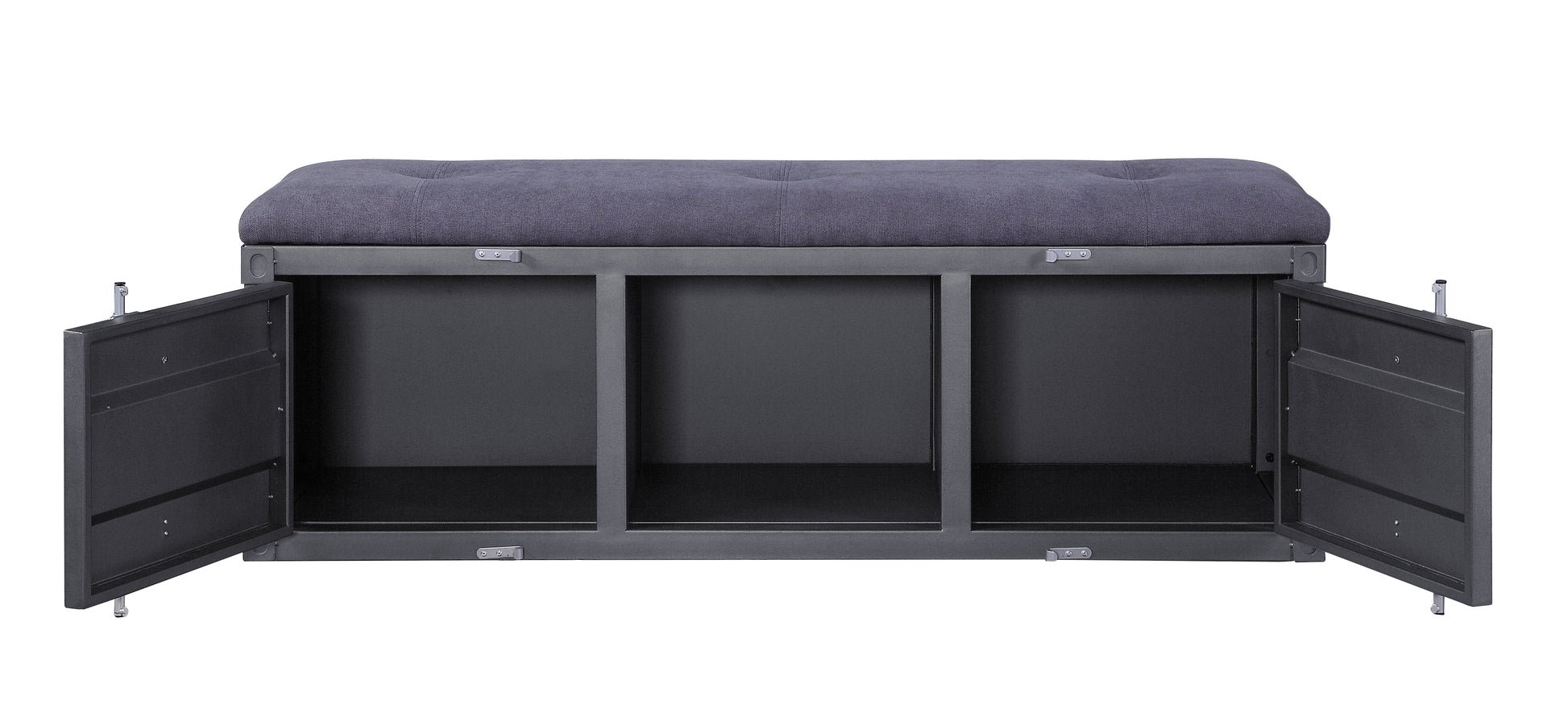Dark grey upholstered storage bench with three open compartments and metal frame