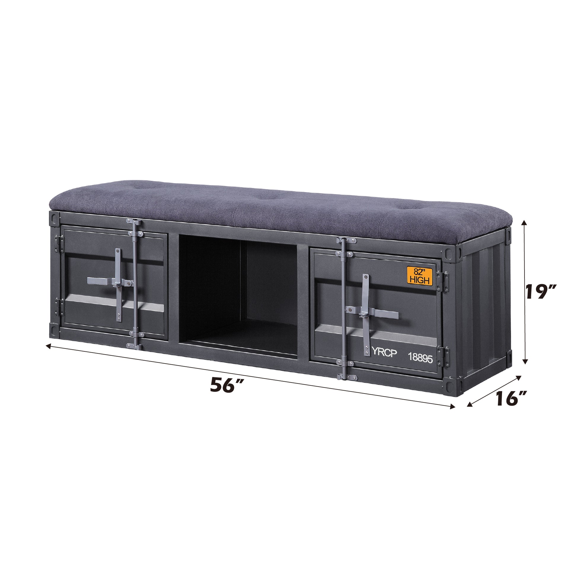 Dark gray storage bench with tufted cushion and industrial shipping container design