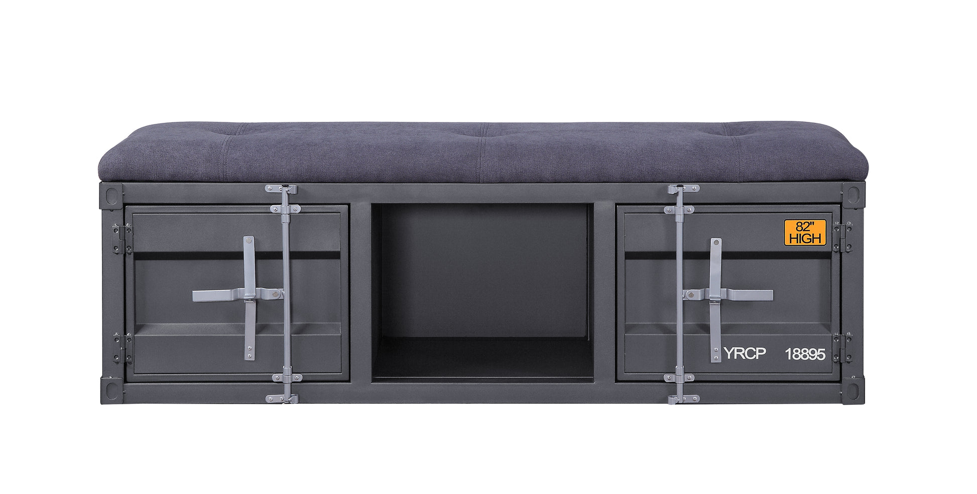 Dark grey tufted storage bench with industrial shipping container design and side cabinet doors