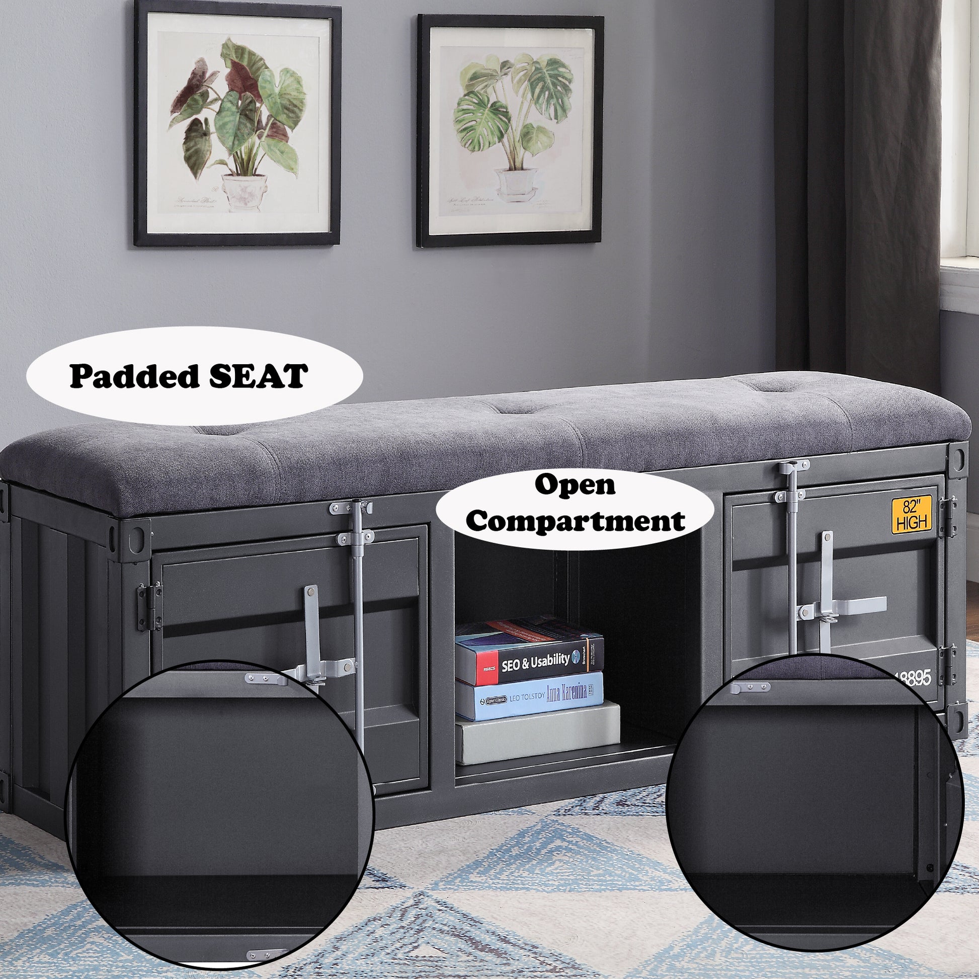 Industrial storage bench with grey padded seat and metal container design