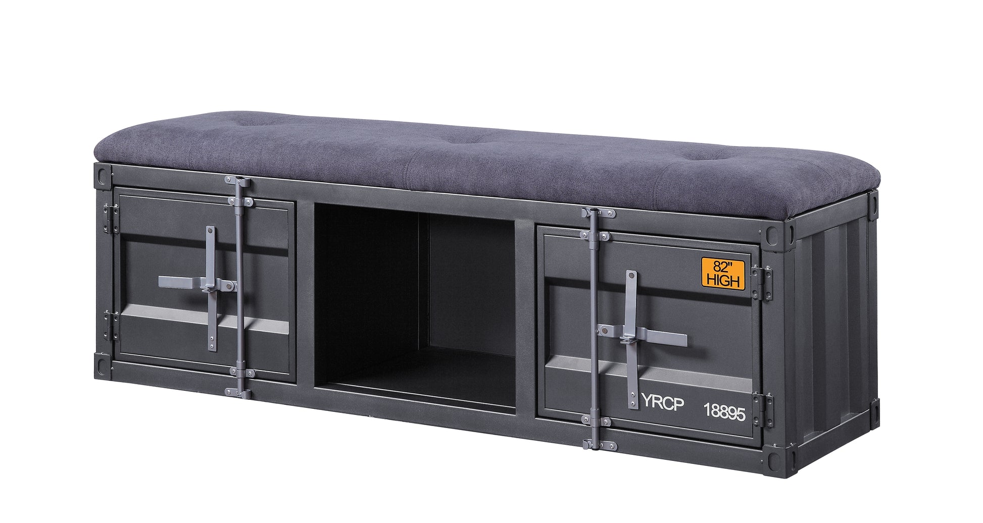 Gray upholstered storage bench with industrial shipping container design  characters