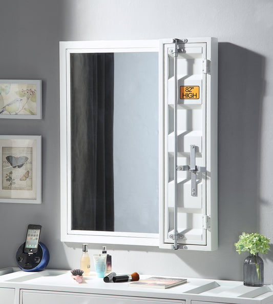 White industrialstyle medicine cabinet with a mirrored door and chrome hardware