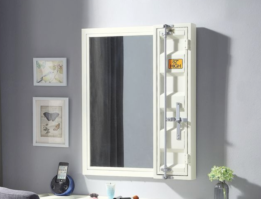 White industrialstyle medicine cabinet with mirror featuring cargo container door latch and hardware