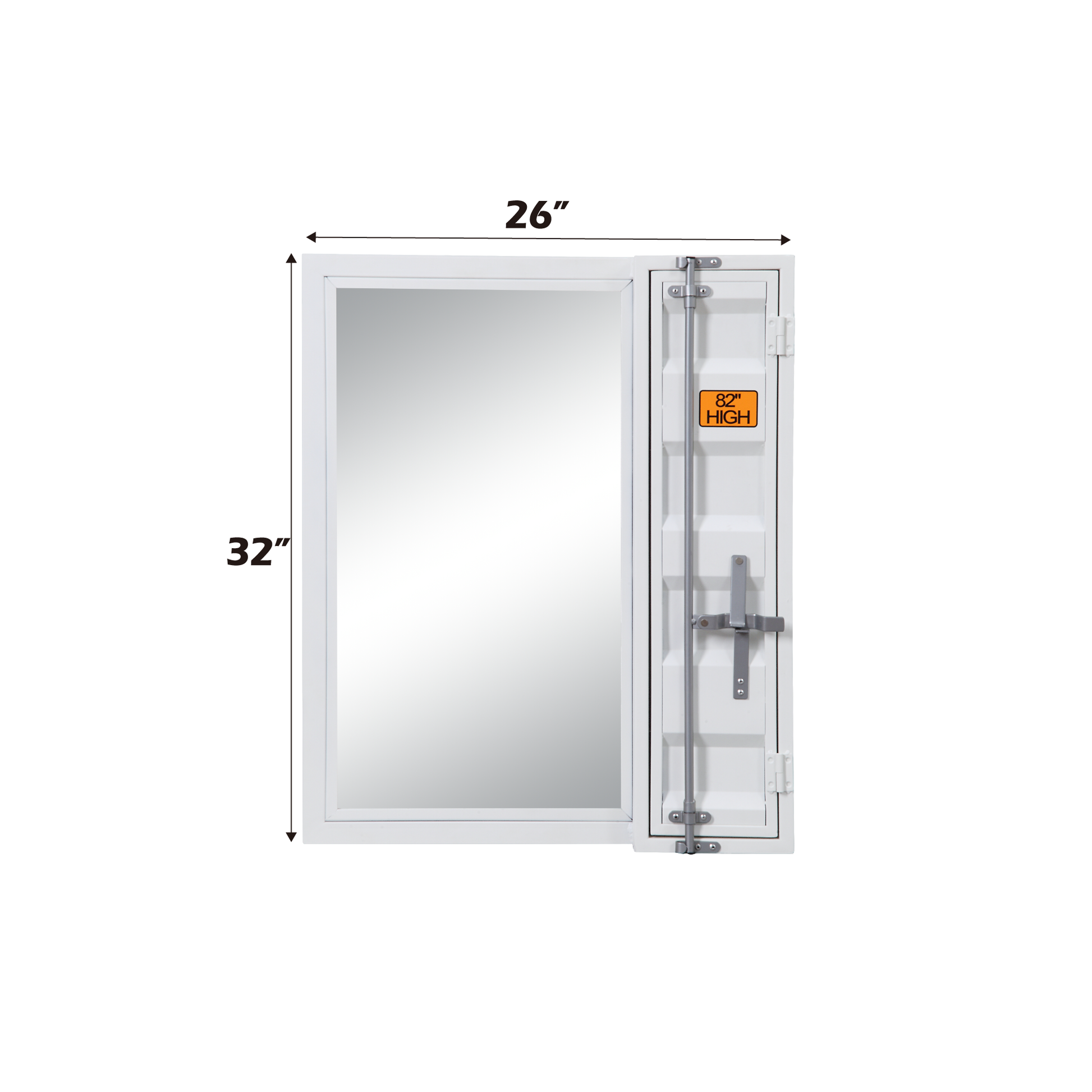 White rectangular mirror with a metallic latch and a cargo containerinspired design detail