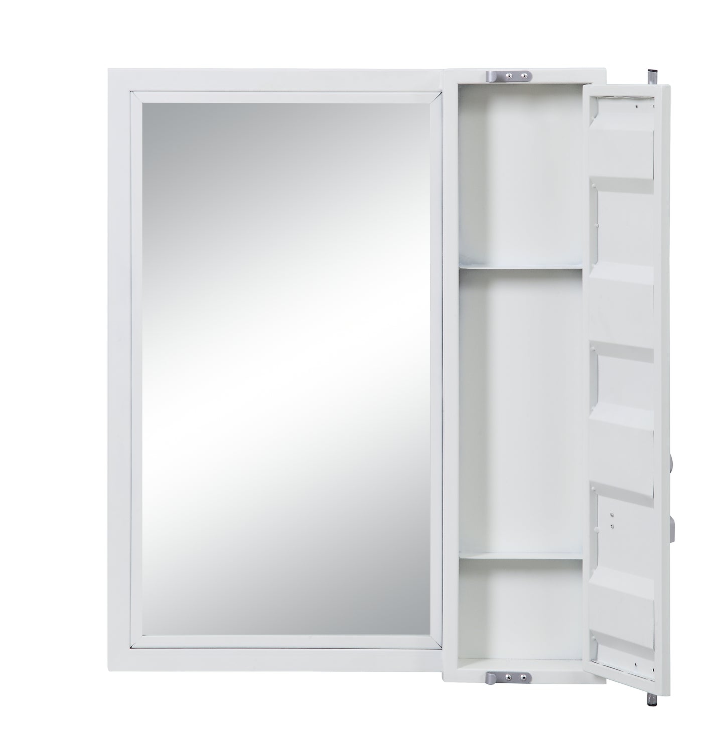 White mirrored medicine cabinet with open door revealing shelves