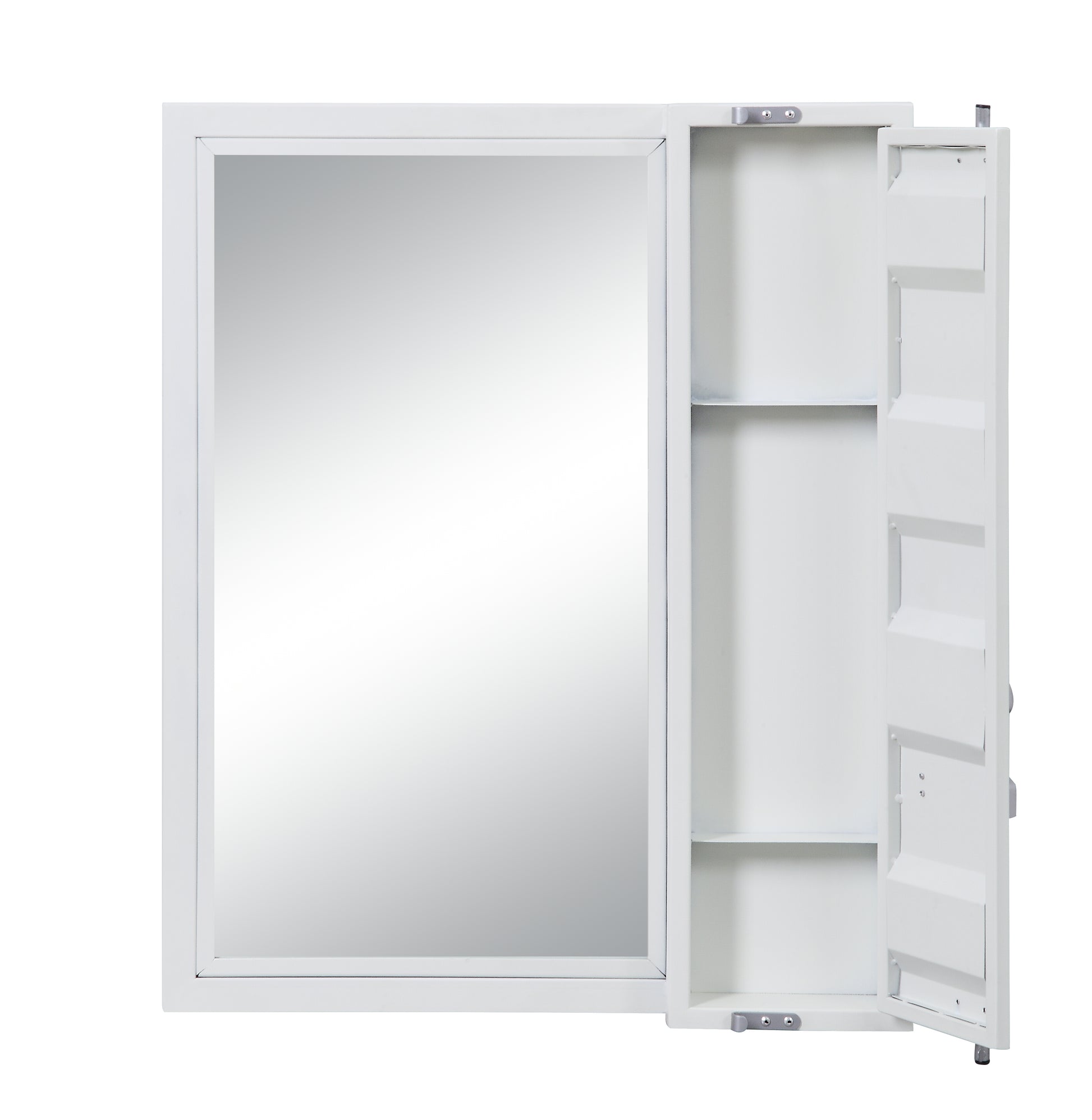 White mirrored medicine cabinet with open door revealing shelves