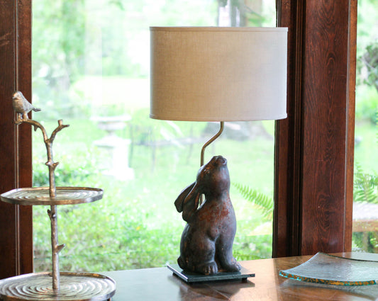 Bronze rabbit lamp with linen shade a unique desk lamp