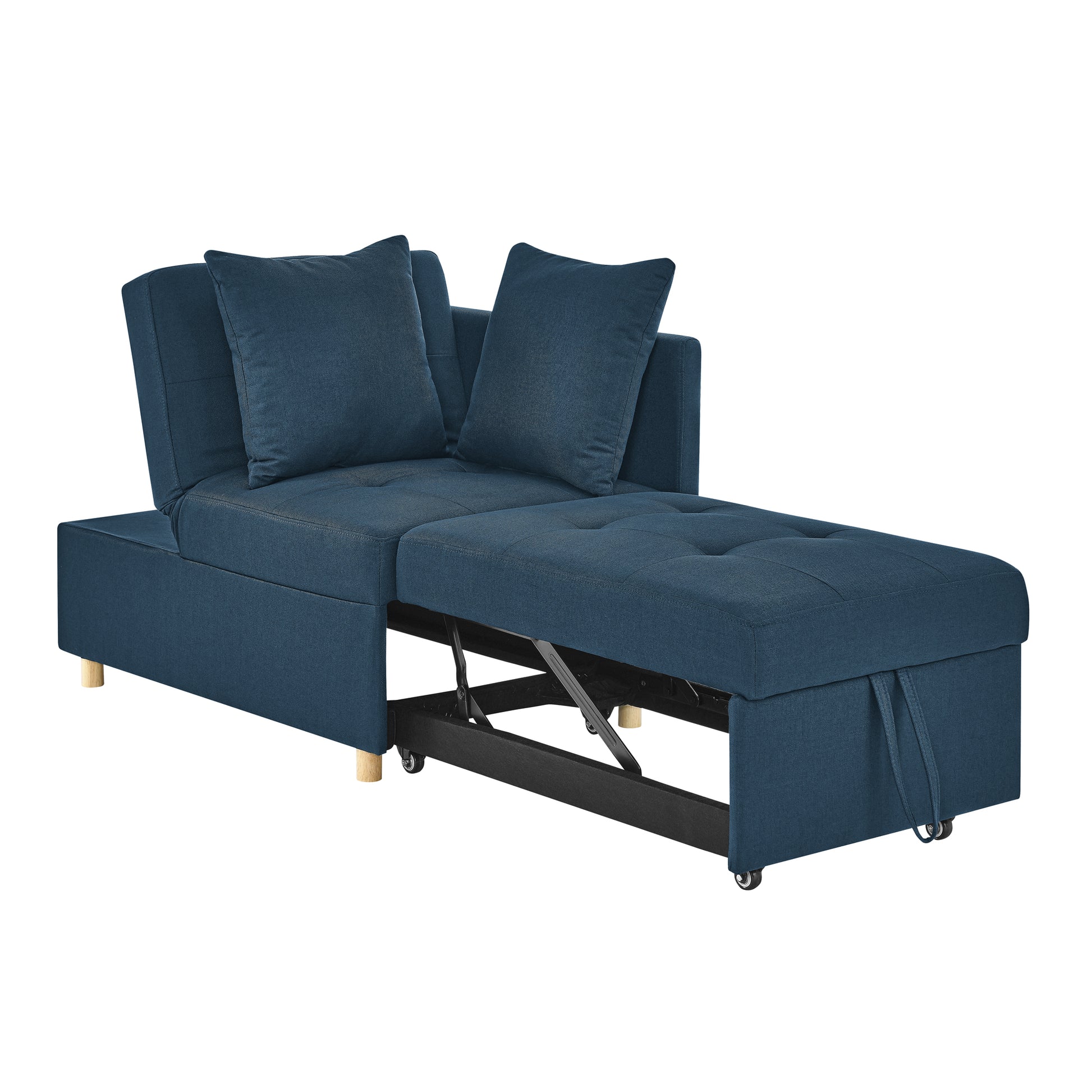 Navy blue fabric sleeper sofa with tufted chaise and storage