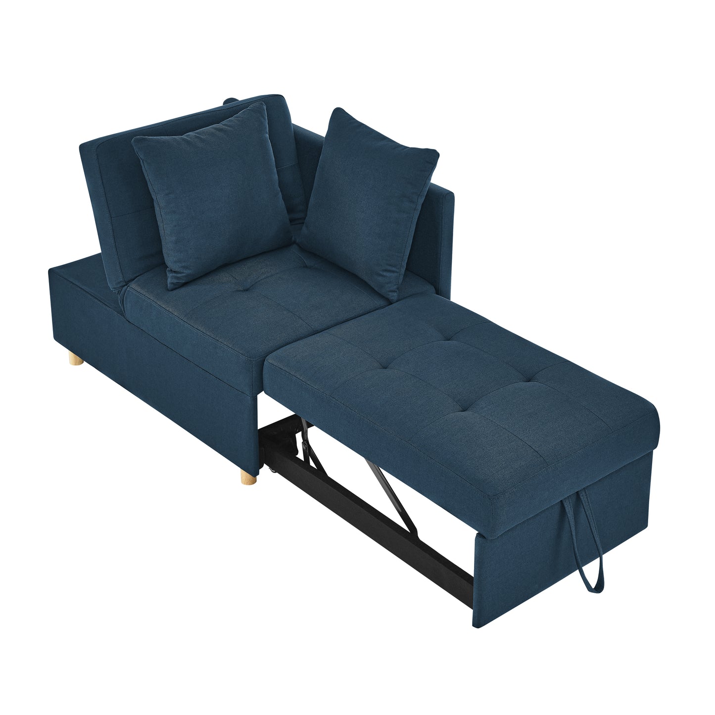 Blue fabric sofa bed with pullout ottoman and tufted cushions ideal for small living spaces