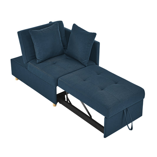 Blue fabric sofa bed with pullout ottoman and tufted cushions ideal for small living spaces