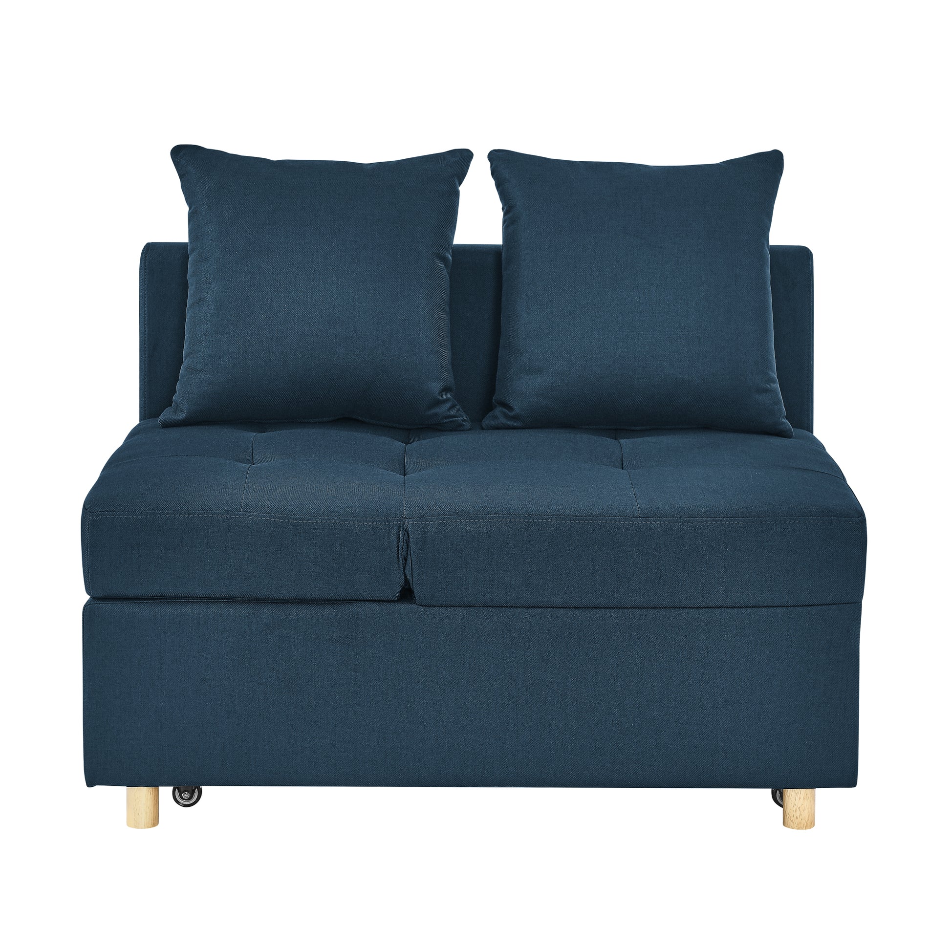 Navy blue fabric loveseat sofa with two throw pillows and wooden feet