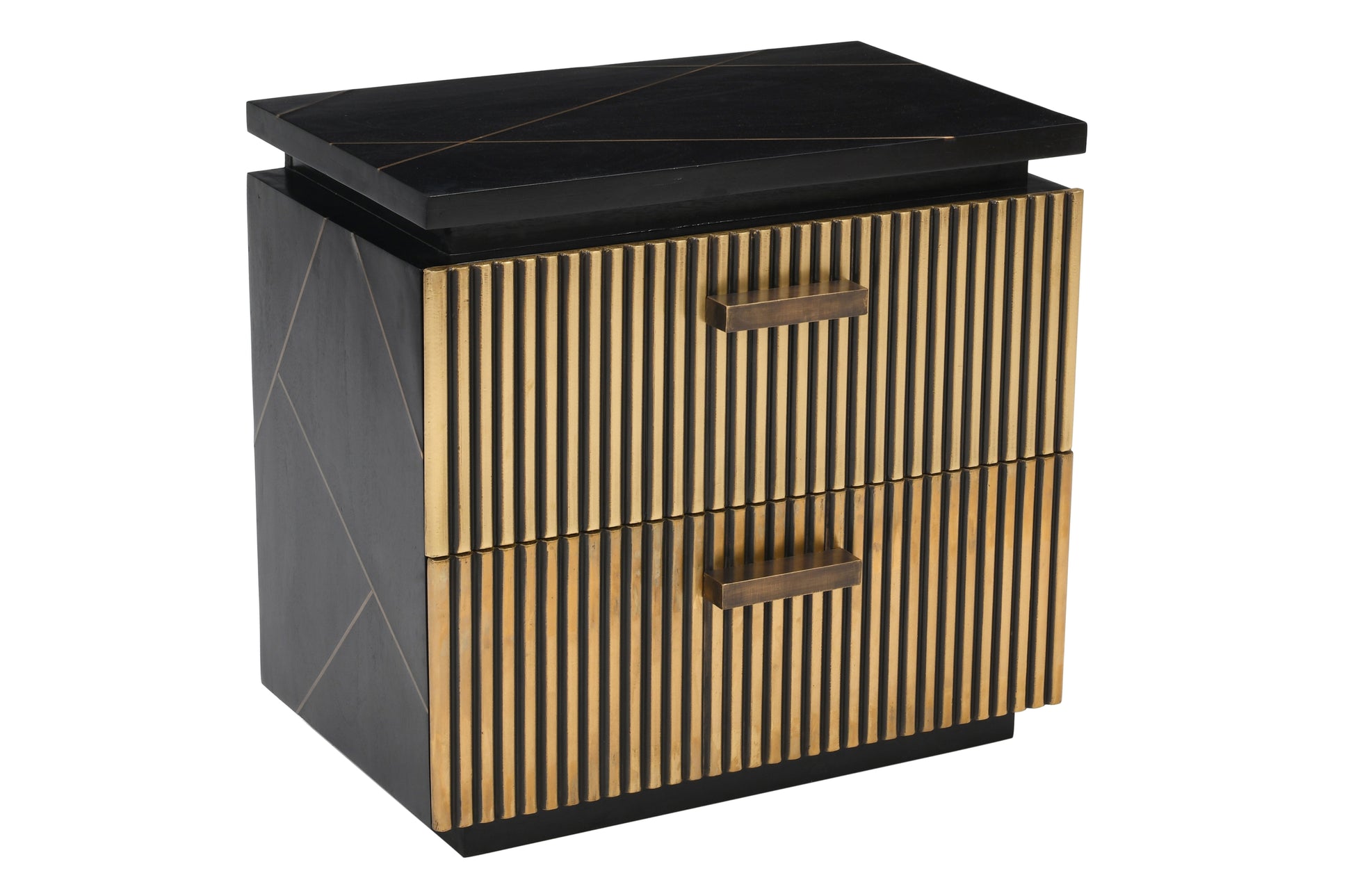 Black twodrawer nightstand with ribbed gold accents and geometric inlay