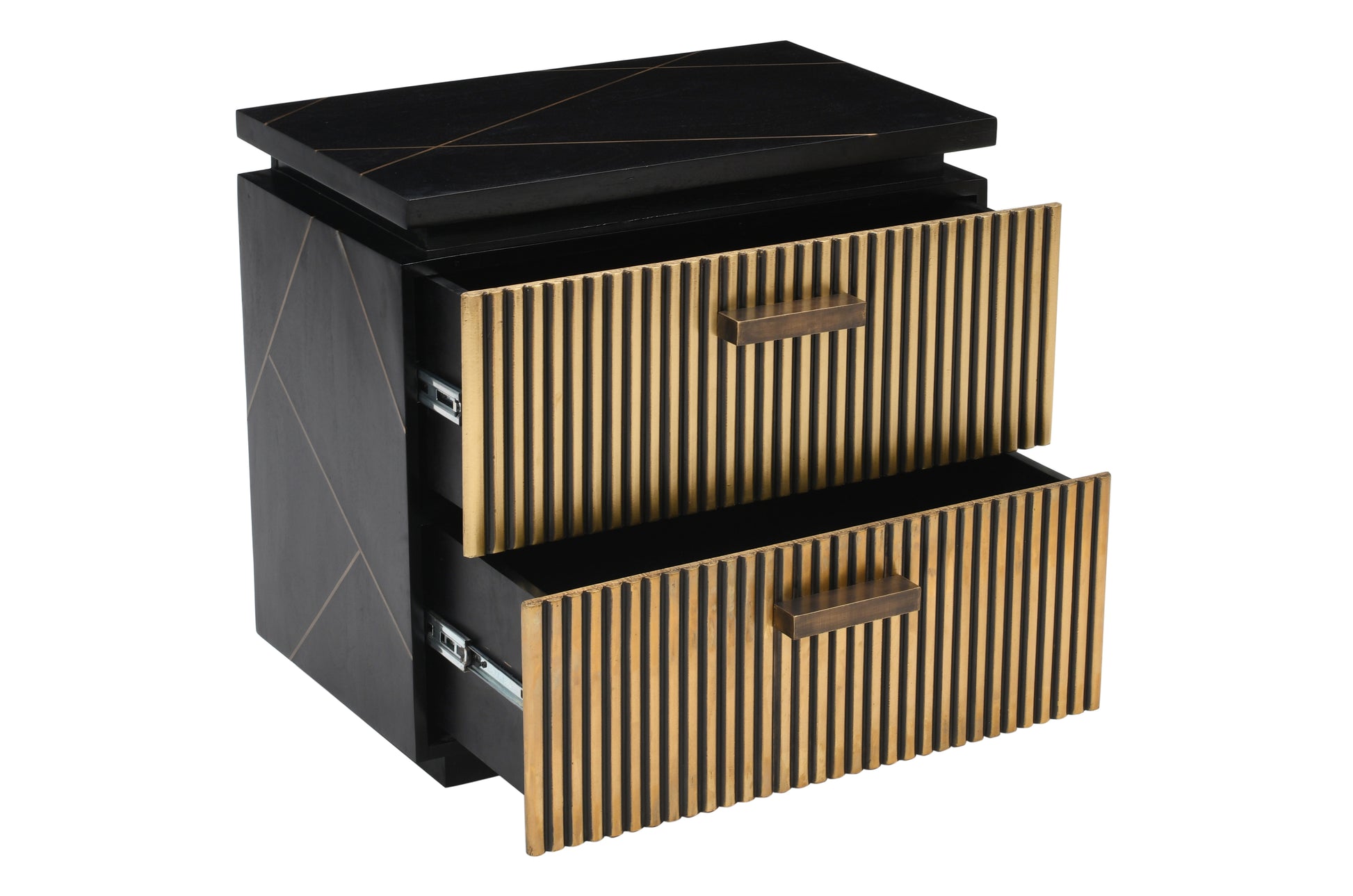 Black twodrawer nightstand with ribbed gold drawer fronts and brass handles