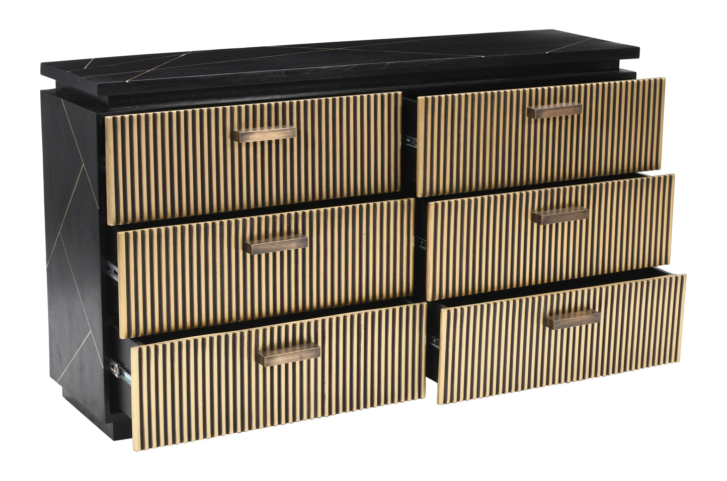 Black dresser with fluted gold drawers and brass hardware