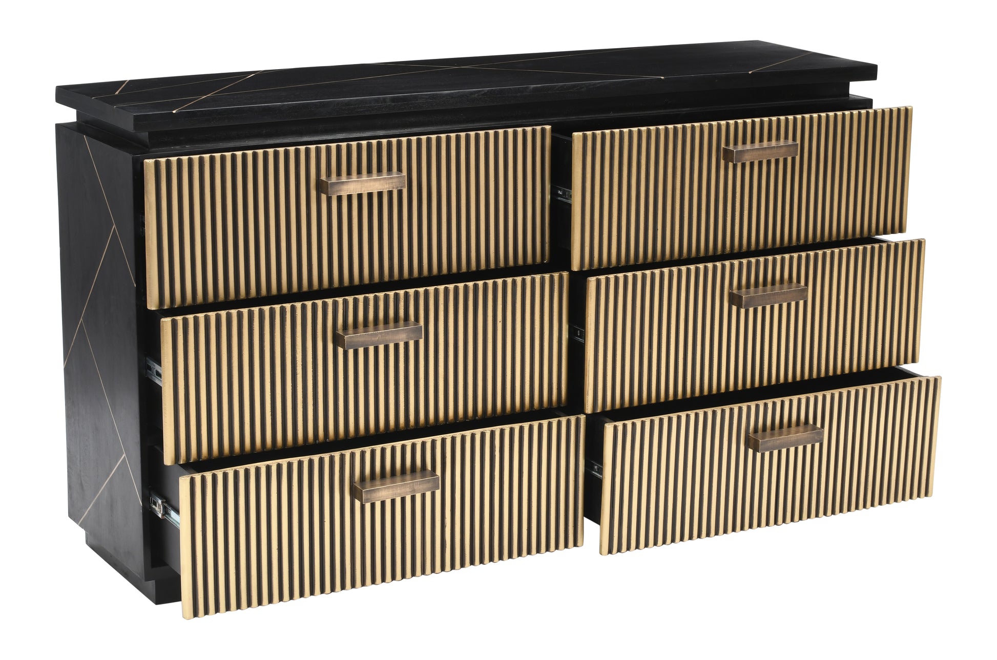 Black dresser with fluted gold drawers and brass hardware