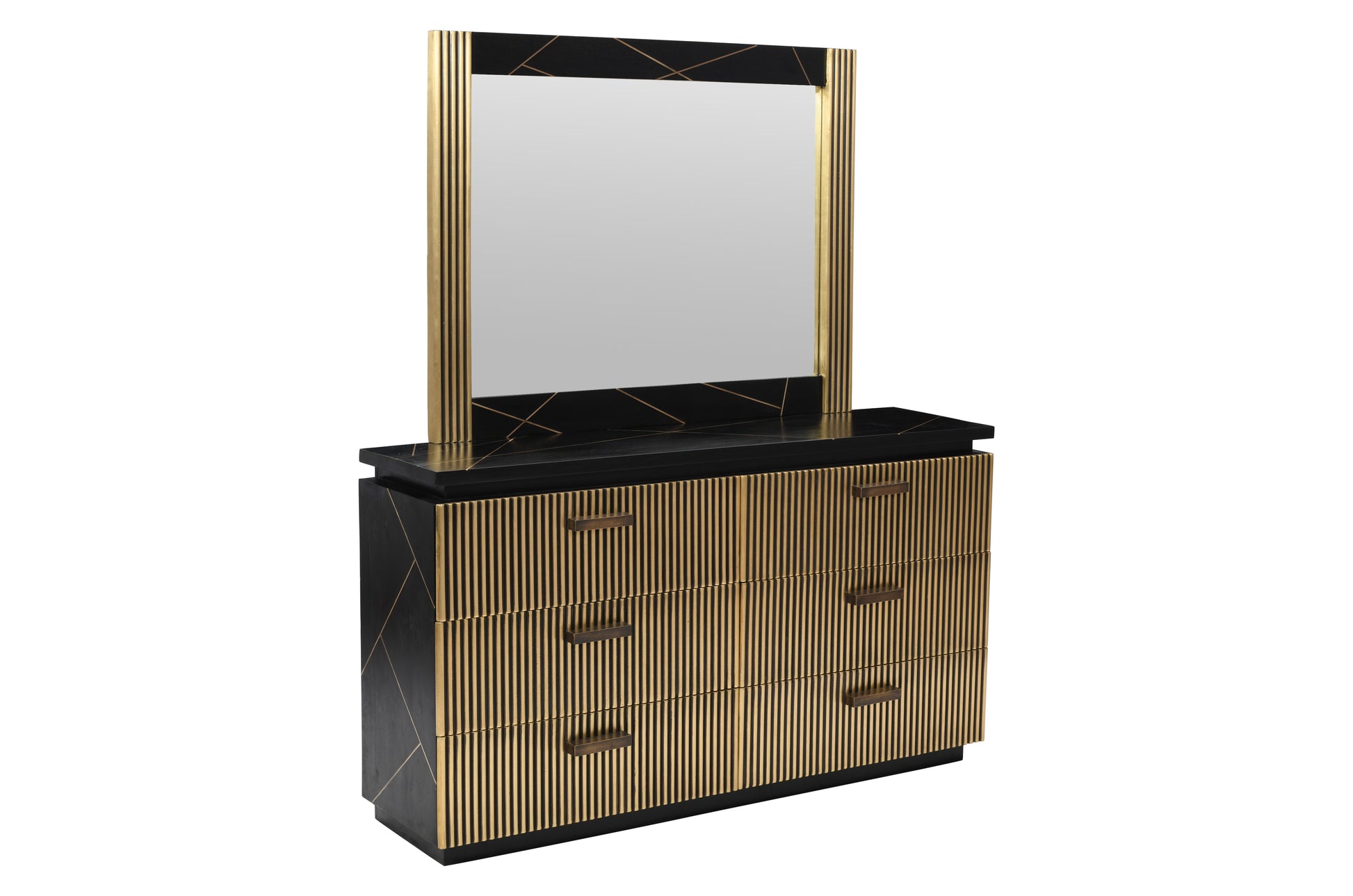 Black dresser with gold ribbed drawer fronts and matching mirror