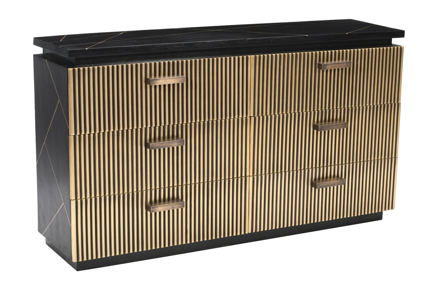 Black dresser with gold fluted front and brass handles