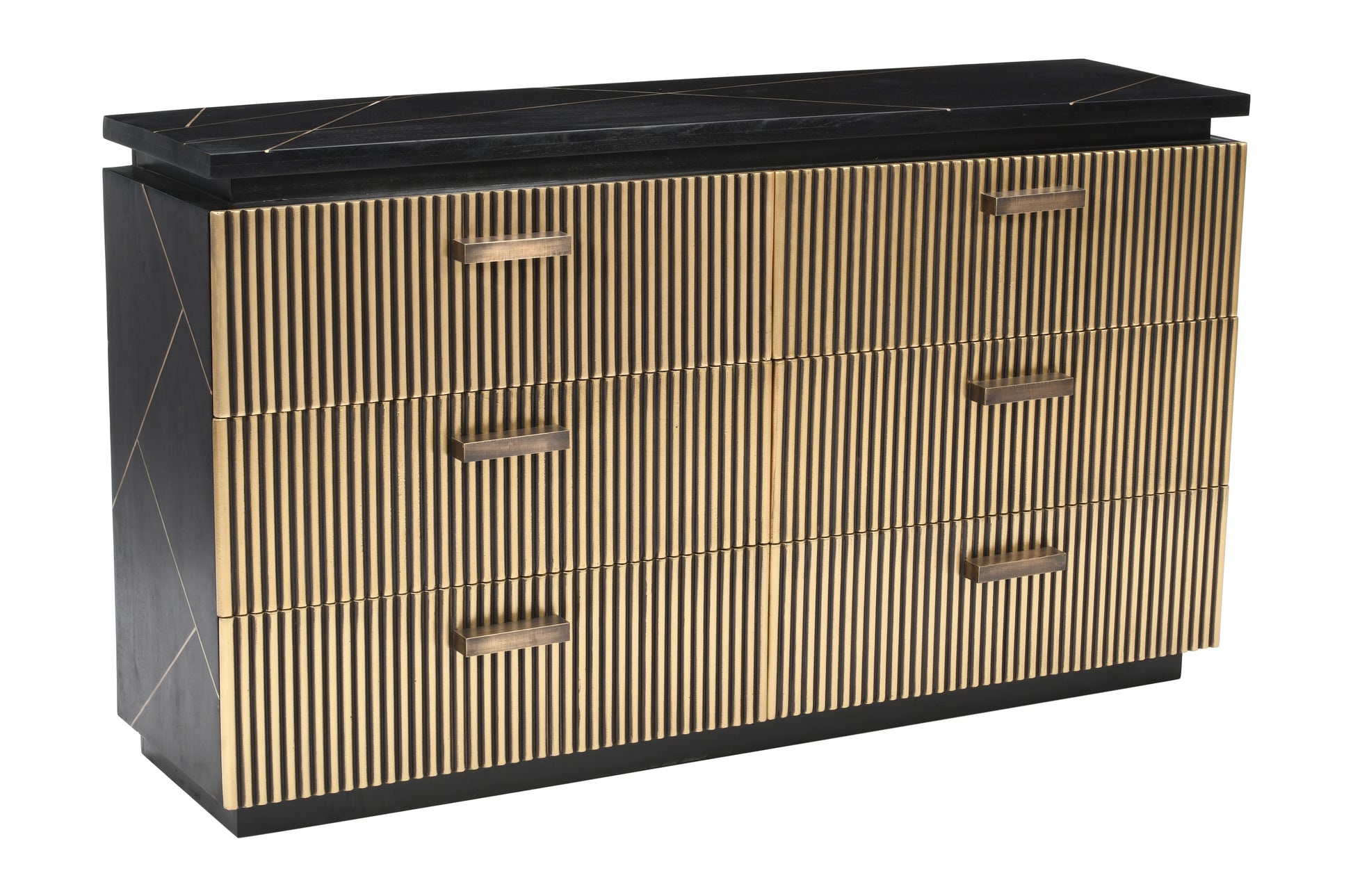Black dresser with gold fluted front and brass handles