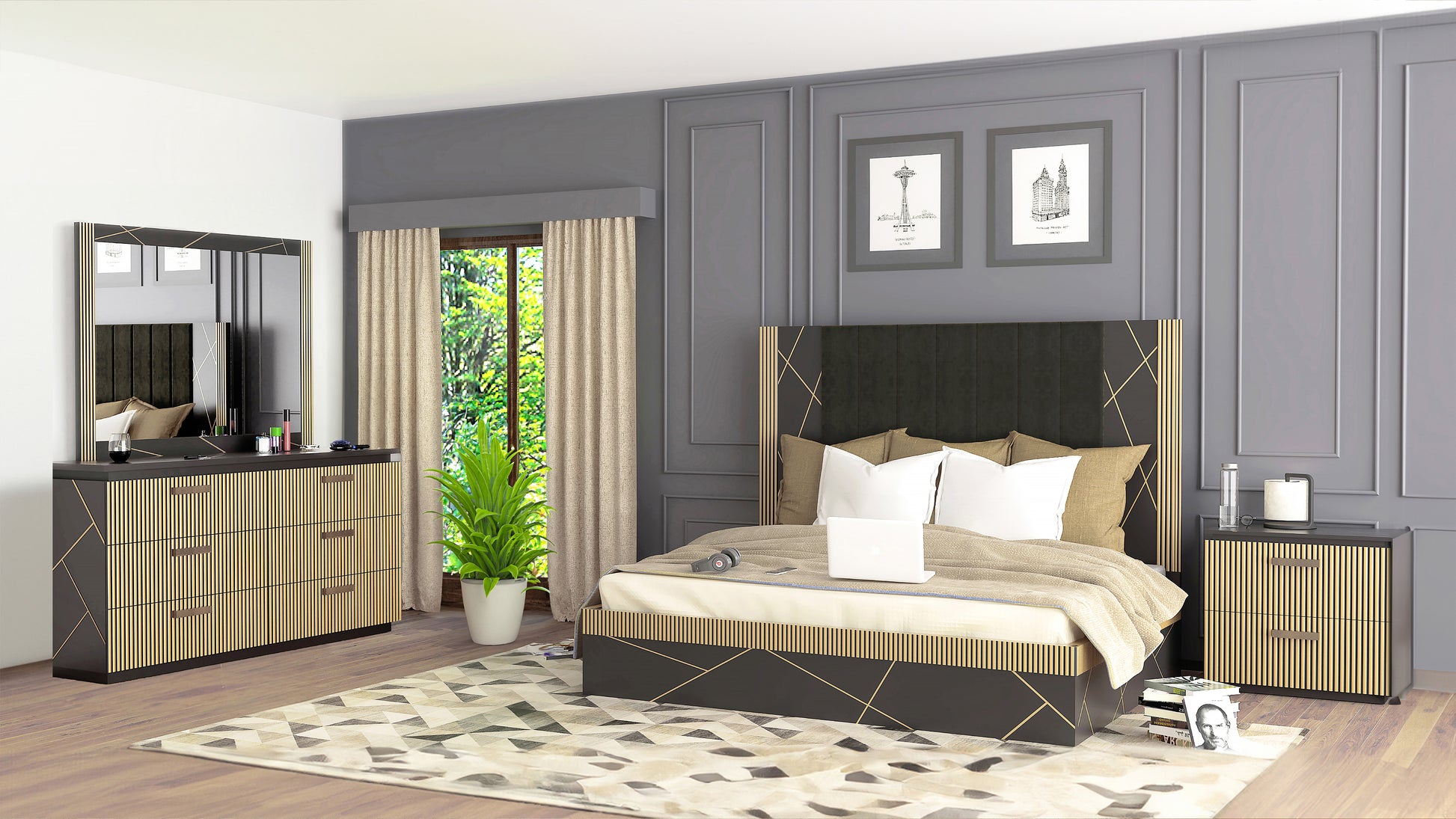 Modern black upholstered bed with gold geometric accents and wooden slat base