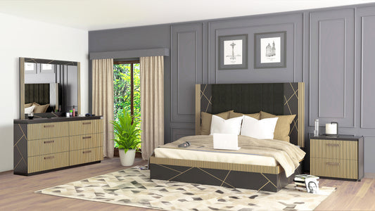 Modern black upholstered bed with gold geometric accents and wooden slat base