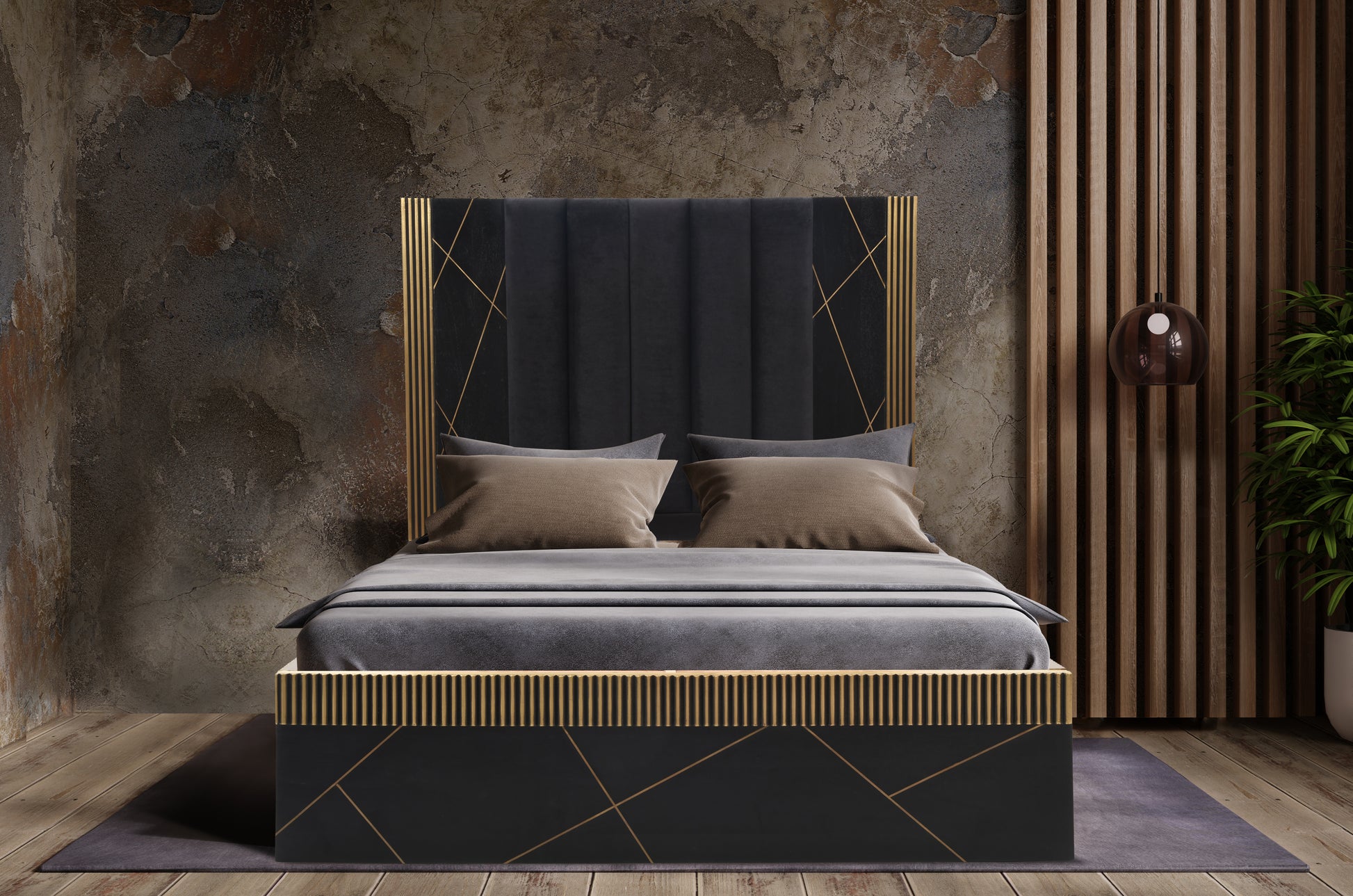 Black upholstered bed frame with gold accents