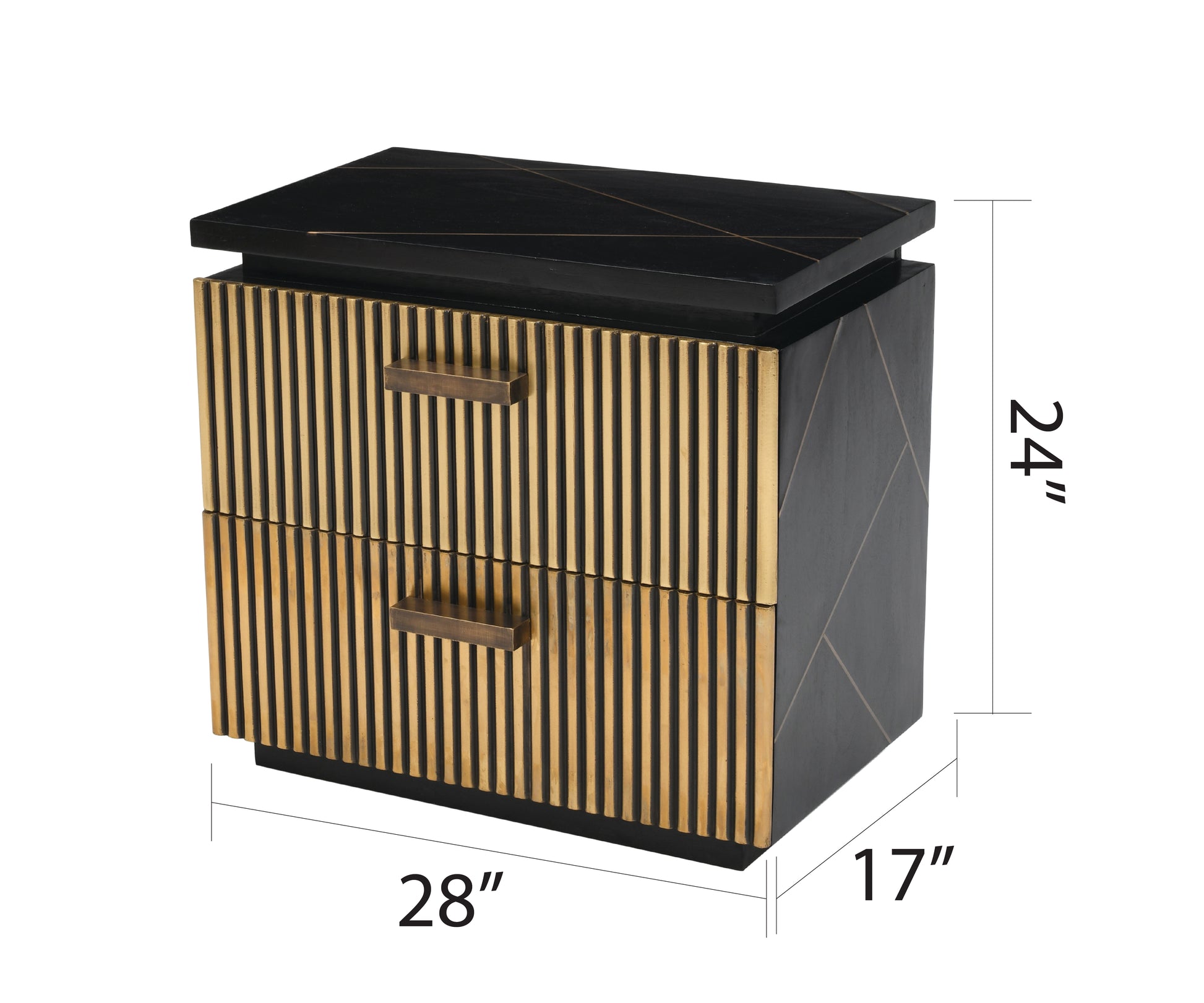 Black wooden nightstand with fluted gold drawers and geometric inlay design