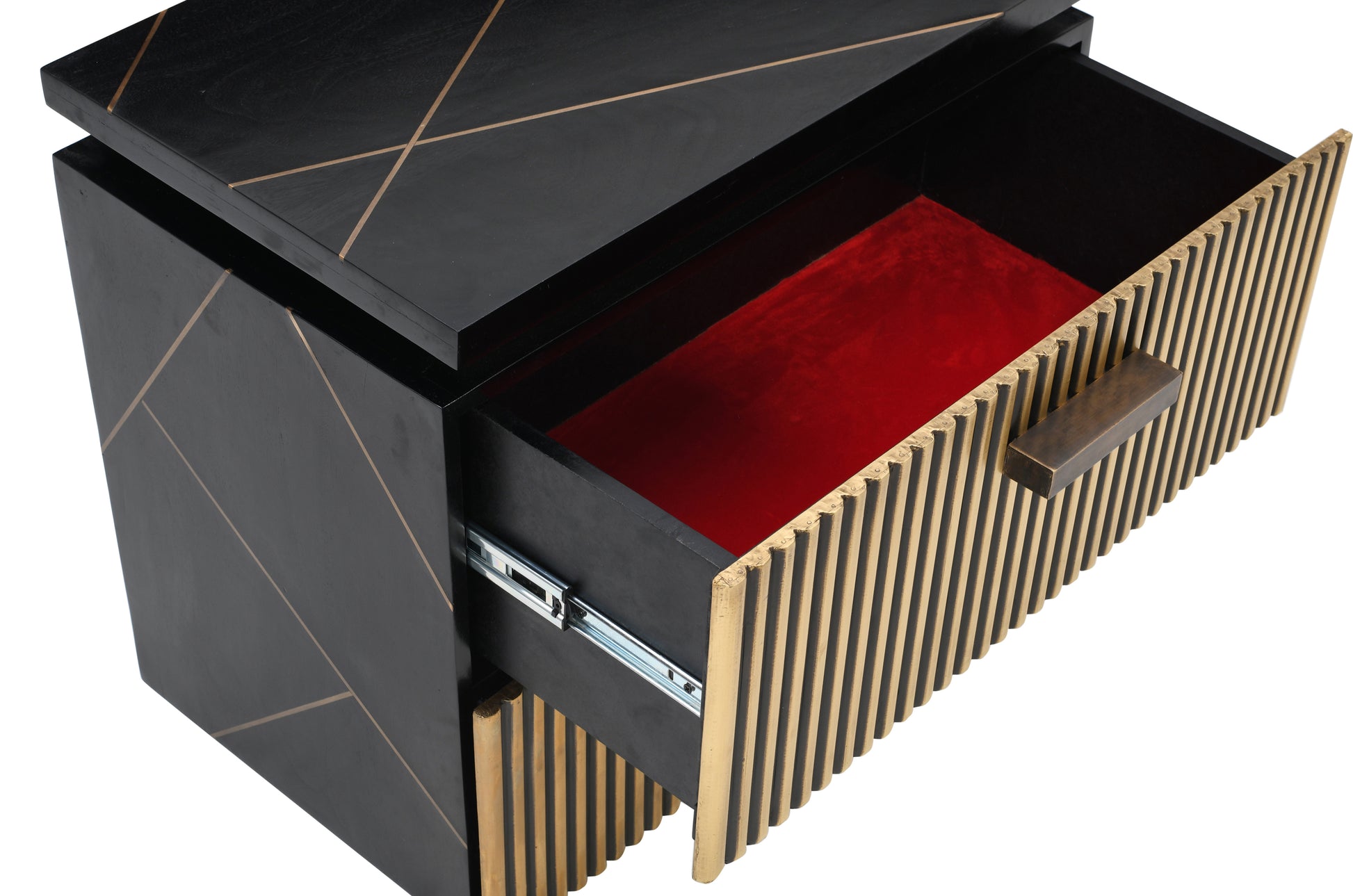 Black bedside table with brass accents and red velvet drawer lining