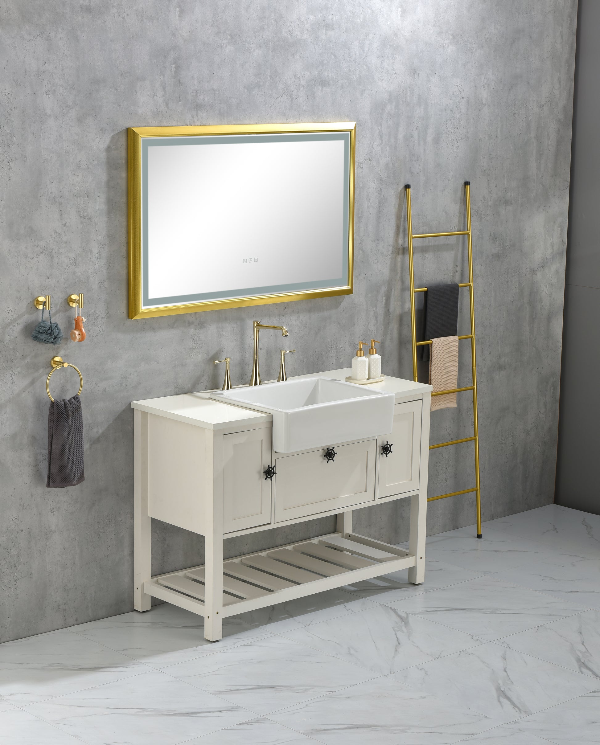 Cream farmhouse sink vanity with gold accents and mirrored cabinet doors