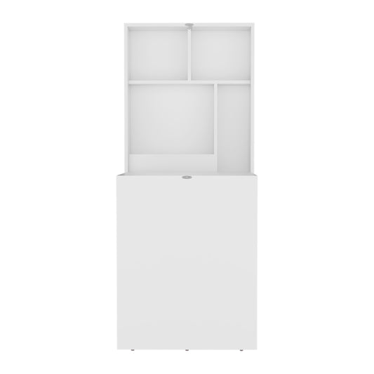 White wallmounted media console with multiple shelves and a closed cabinet below