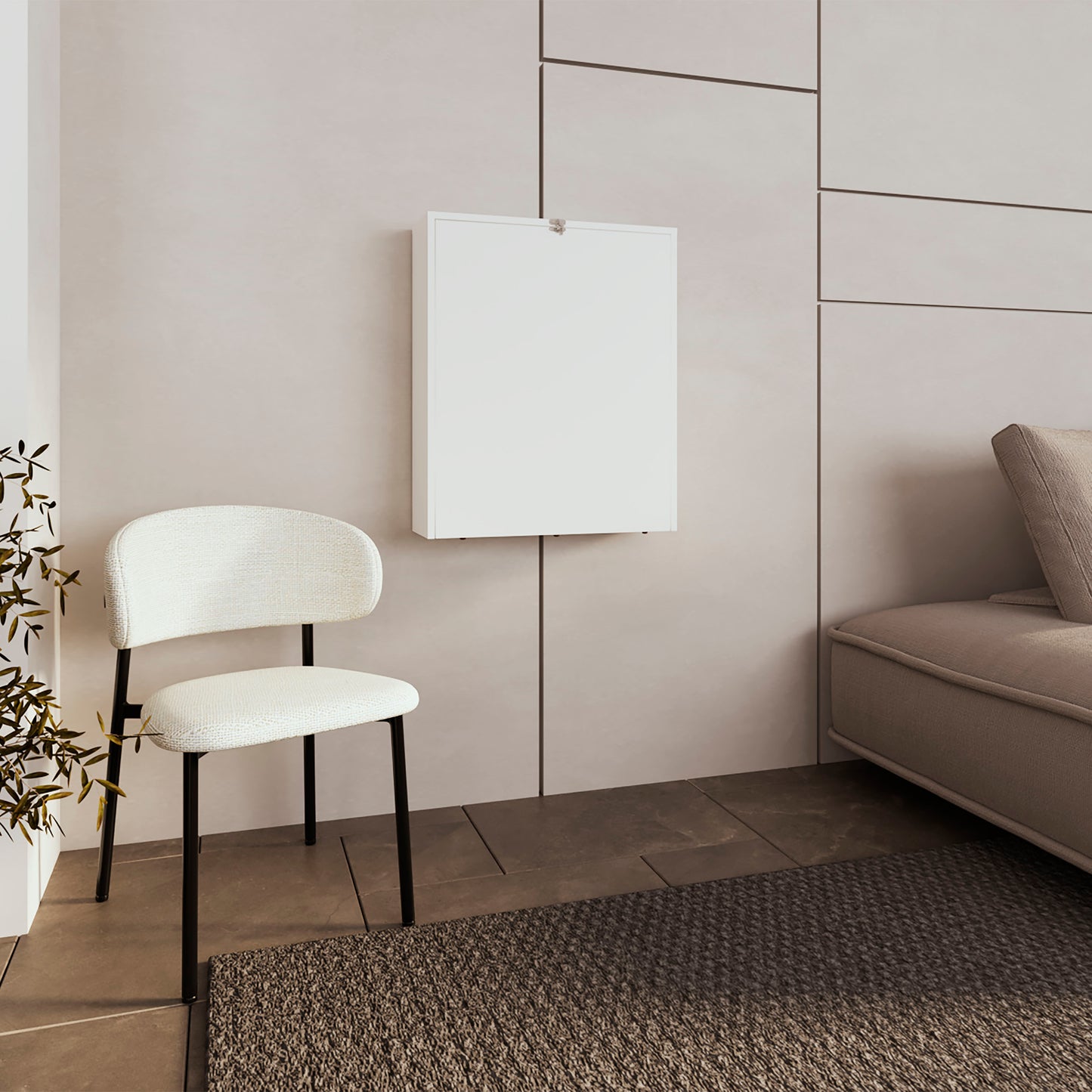 Compact white wallmounted folddown desk with a metal latch