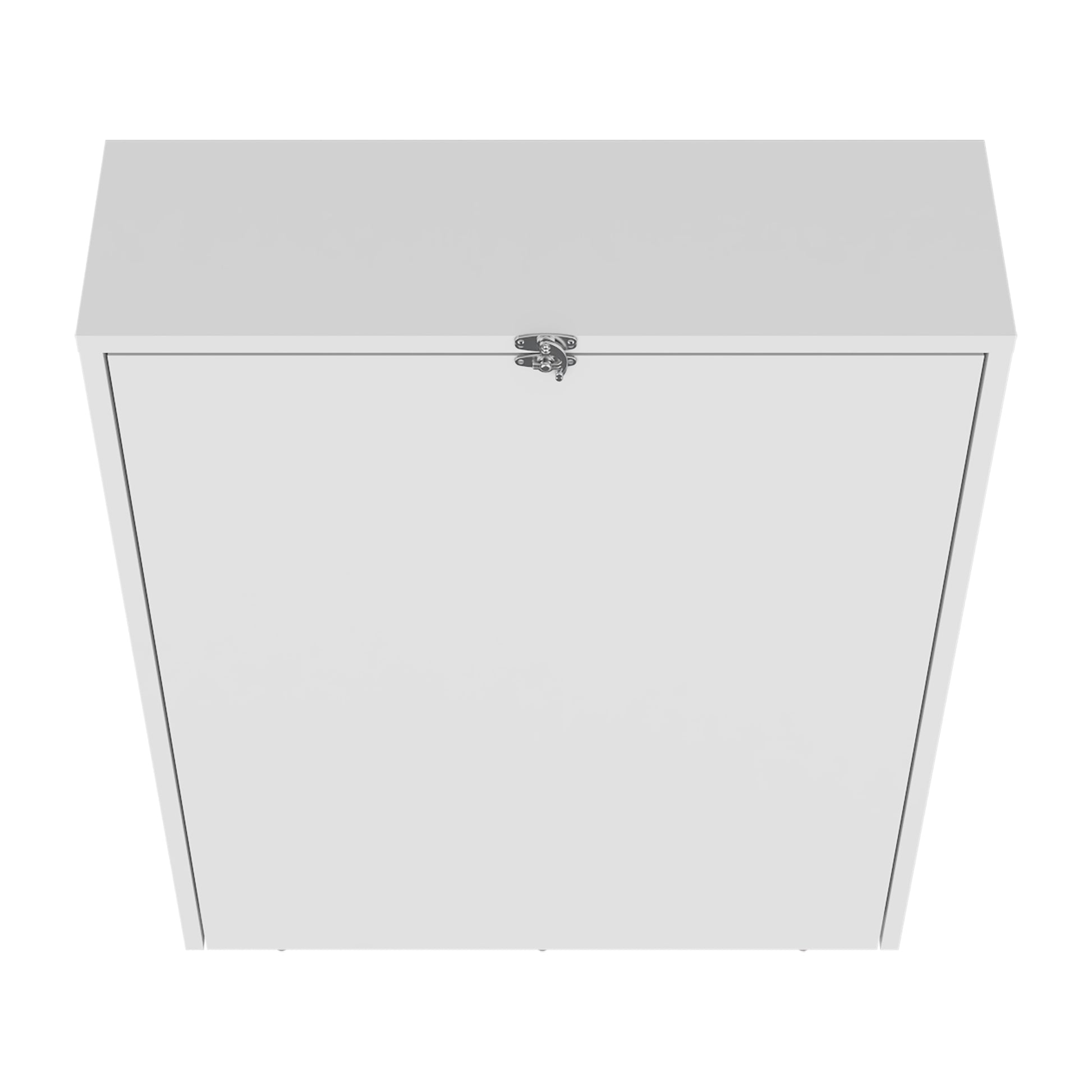 Closed white wallmounted folddown desk with silver latch spacesaving furniture