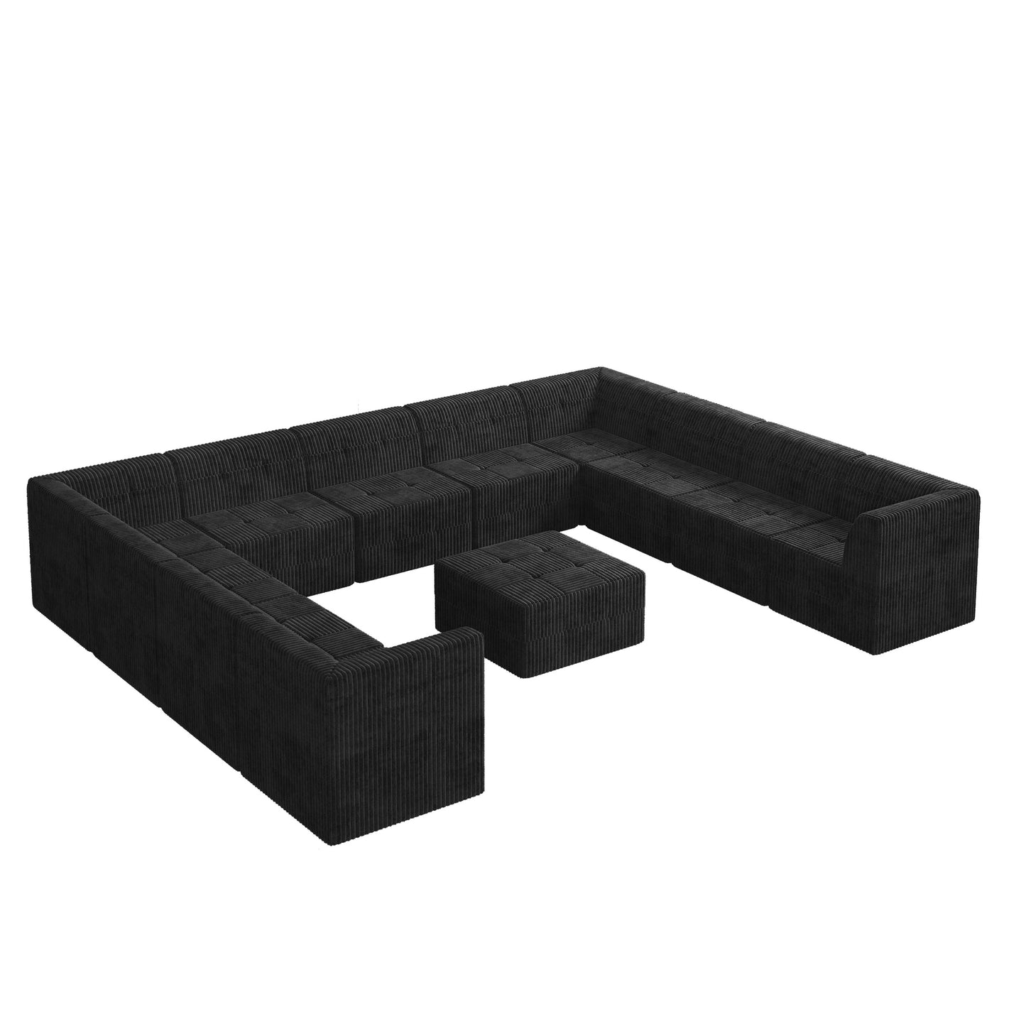 Black corduroy sectional sofa with tufted cushions and matching ottoman modern living room furniture