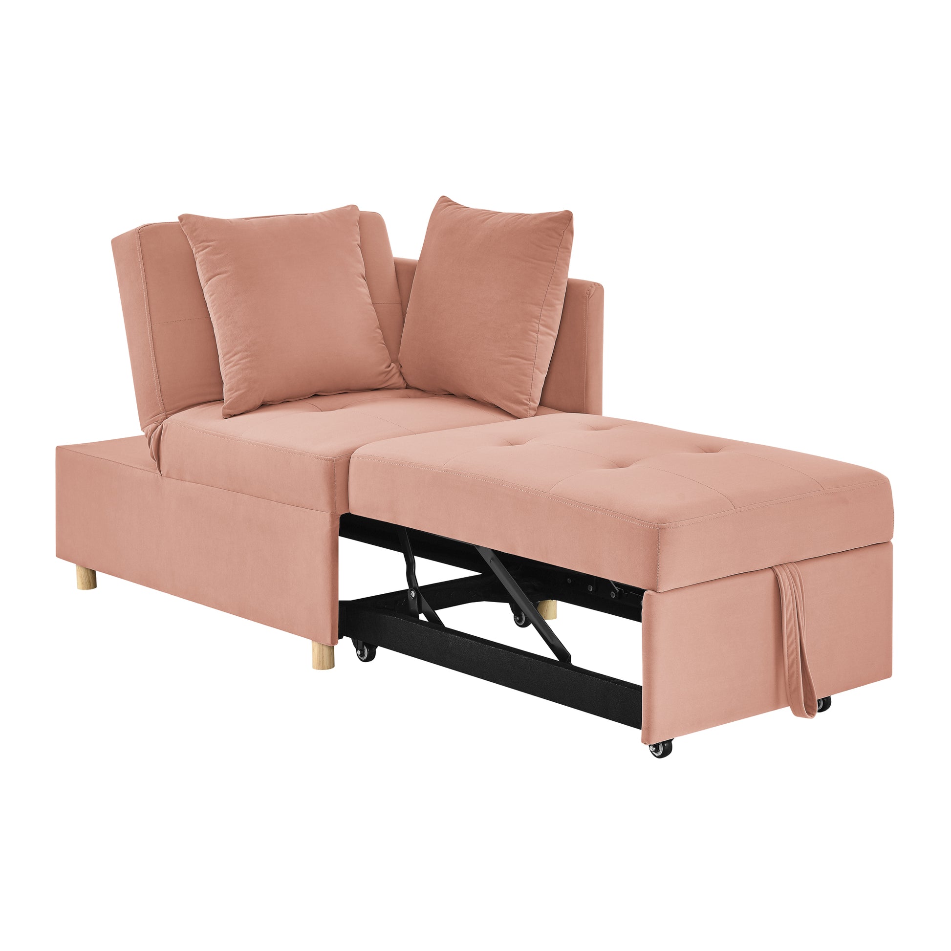 Dusty rose velvet sofa bed with chaise and pullout mechanism for easy conversion